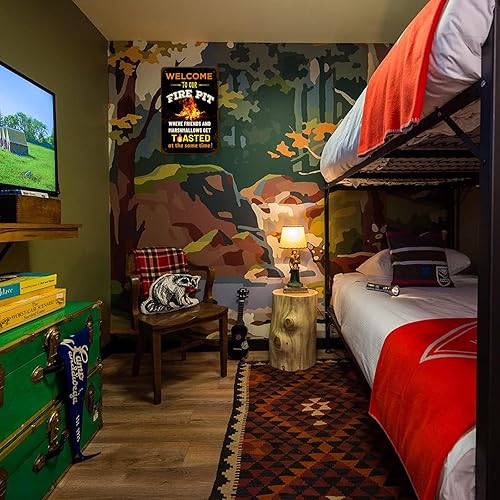 Vista 8 de ANJOOY Cartel de metal vintage divertido de lata de camping, bienvenido a nuestra hoguera, donde amigos y malvaviscos se tostan, porche al aire