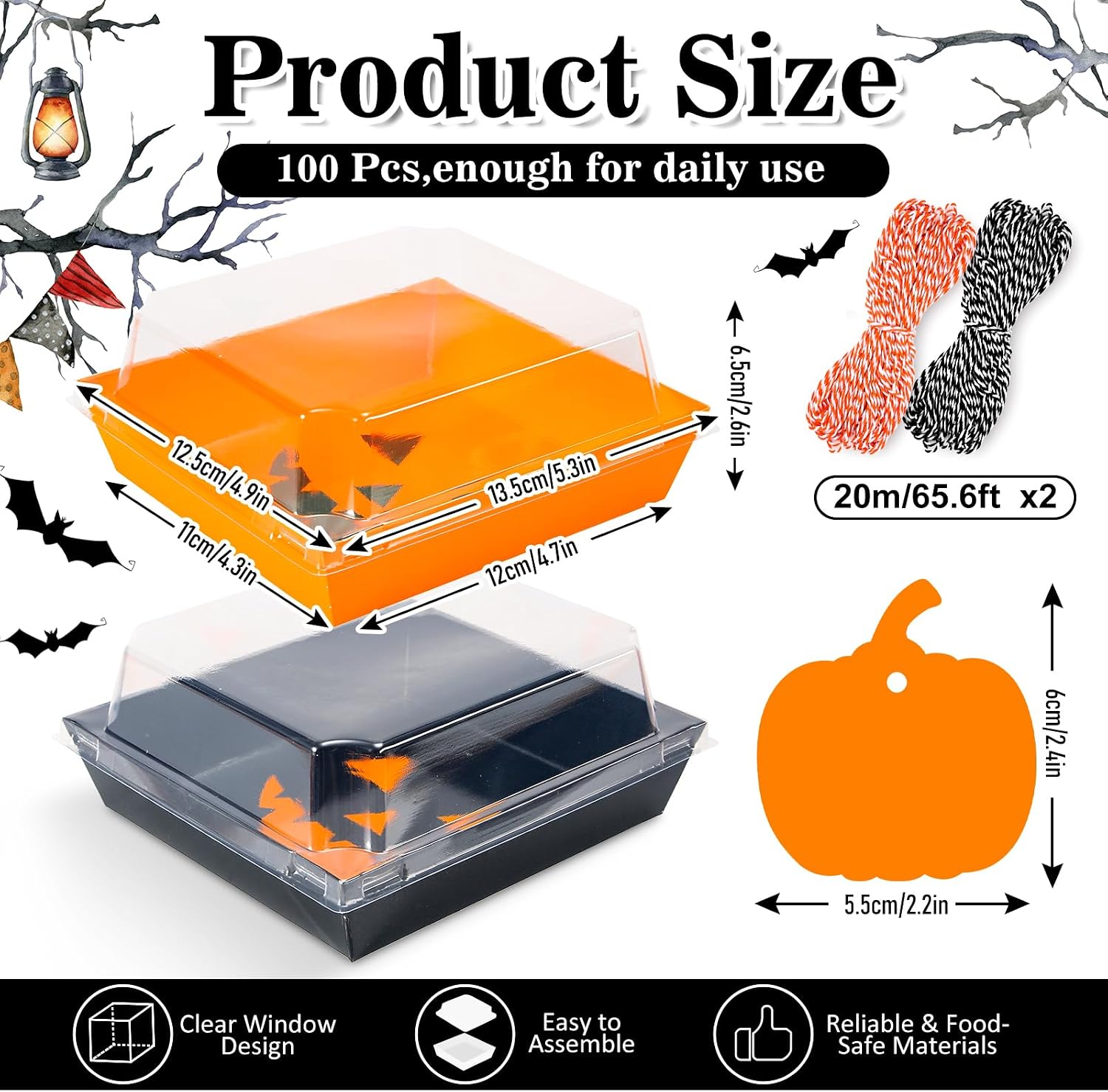 Whaline 100 Pack Halloween Pumpkin Charcuterie Boxes with Clear Lids Rope Card Orange Black Disposable Bakery Treat Boxes for Cookie Candy Donut Cake Halloween Party Favor Gift Packaging Supplies image 2