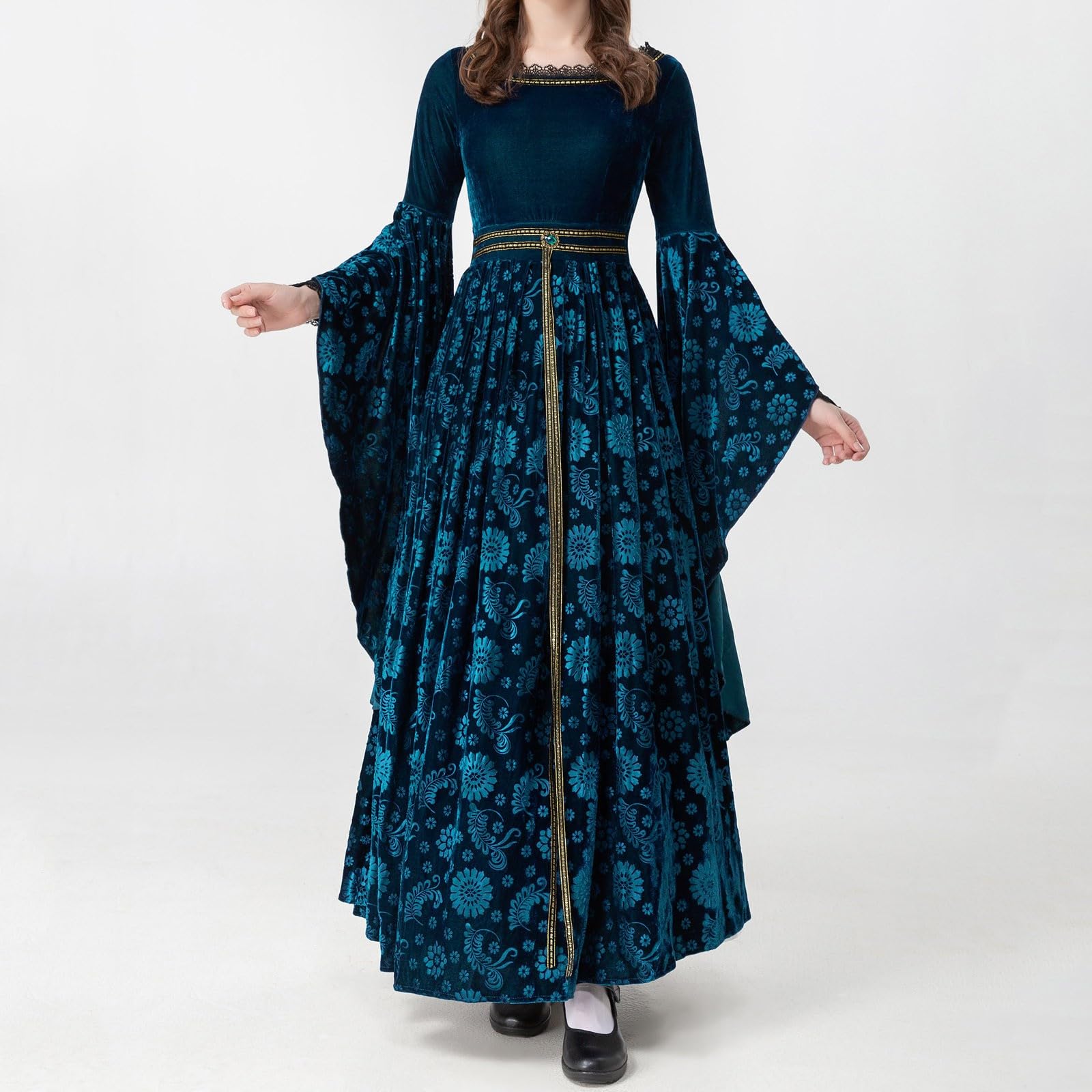 Vestidos Mujer Disfraz Halloween Mujer - Conjunto De 2 Piezas De Encaje De Manga Larga con Cuello Redondo para Mujer Vestido Retro De Cosplay Gran Maxi para Vestido De Cosplay con Capa