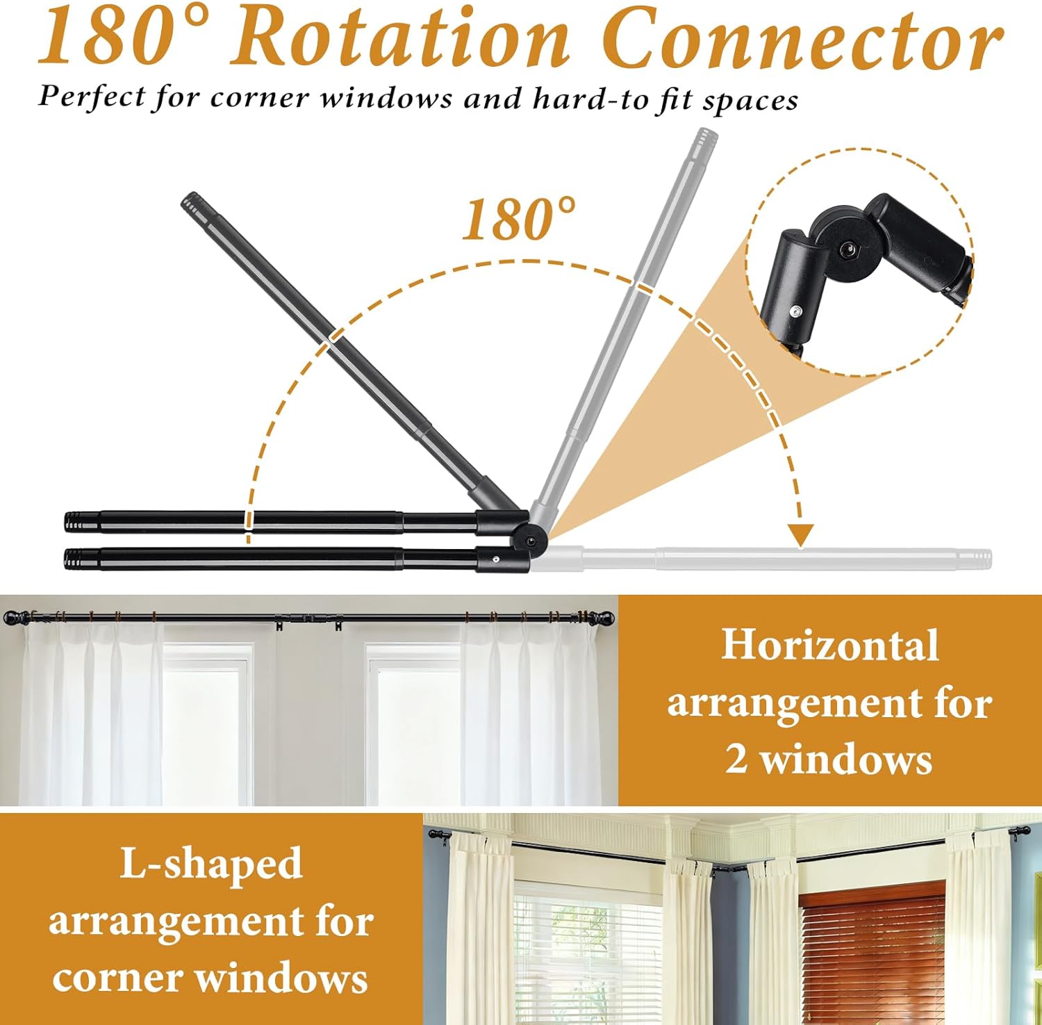 Corner Curtain Rod for Windows, 29"-68" Adjustabel L Shaped Black Curtain Rods with Brackets & 180° Rotating Connector, 1 inch Heavy Duty Telescoping Drapery Rod for Living Room Bedroom