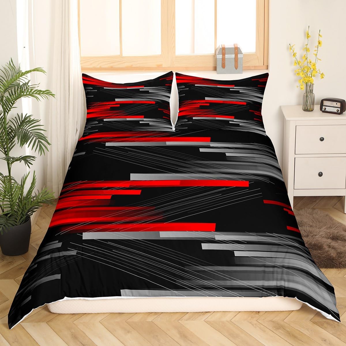 Feelyou Kids Geometric Abstract Striped Bedding Set Queen Size Gray Red Black Ombre Duvet Cover for Boys Girls Teens Modern Stripes Line Decor Comforter Cover Set Women Men Bedspread Cover