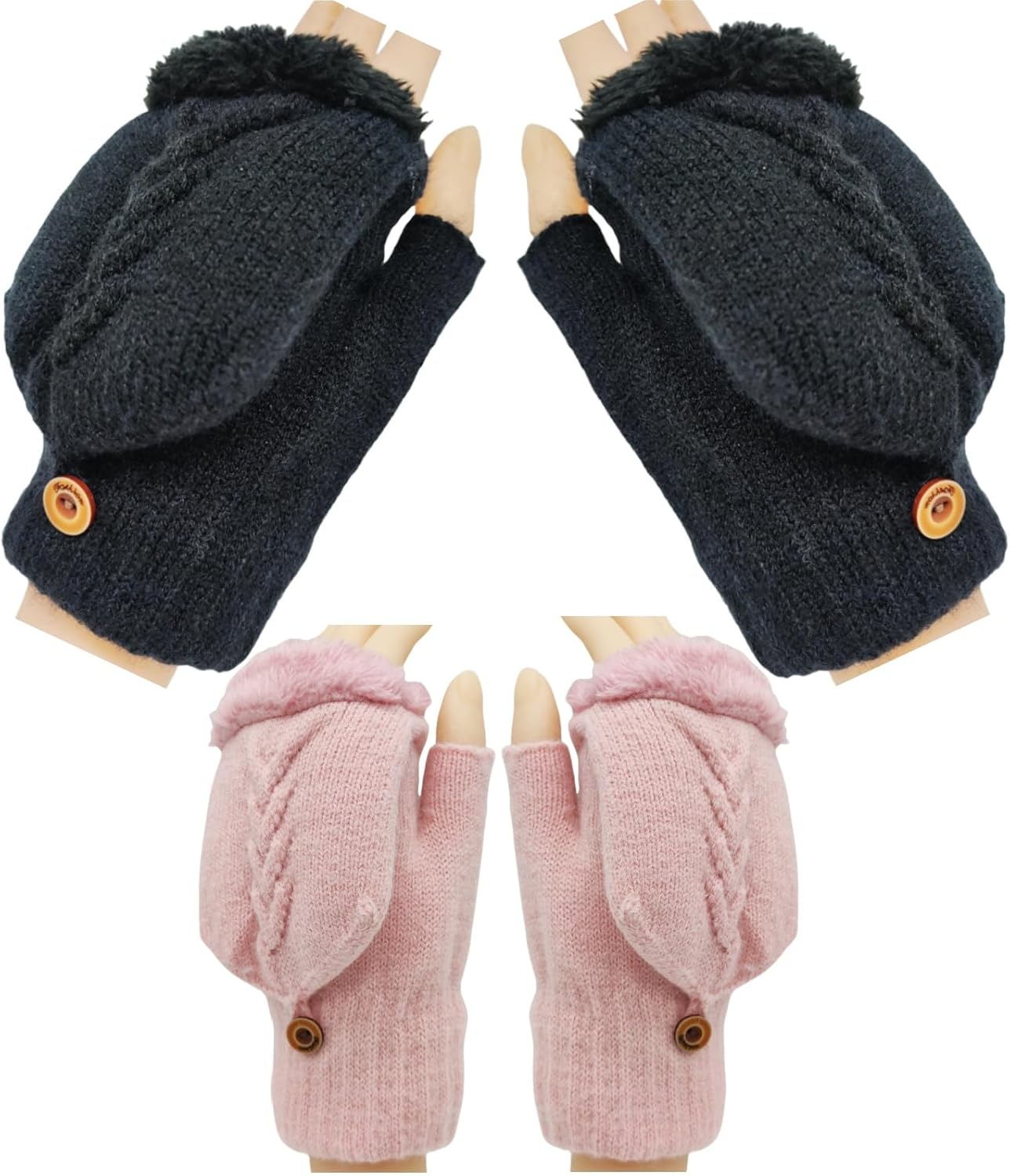 2 Pairs Fingerless Wool Gloves for Women Warm Fleece Lined Knit Texting Mittens