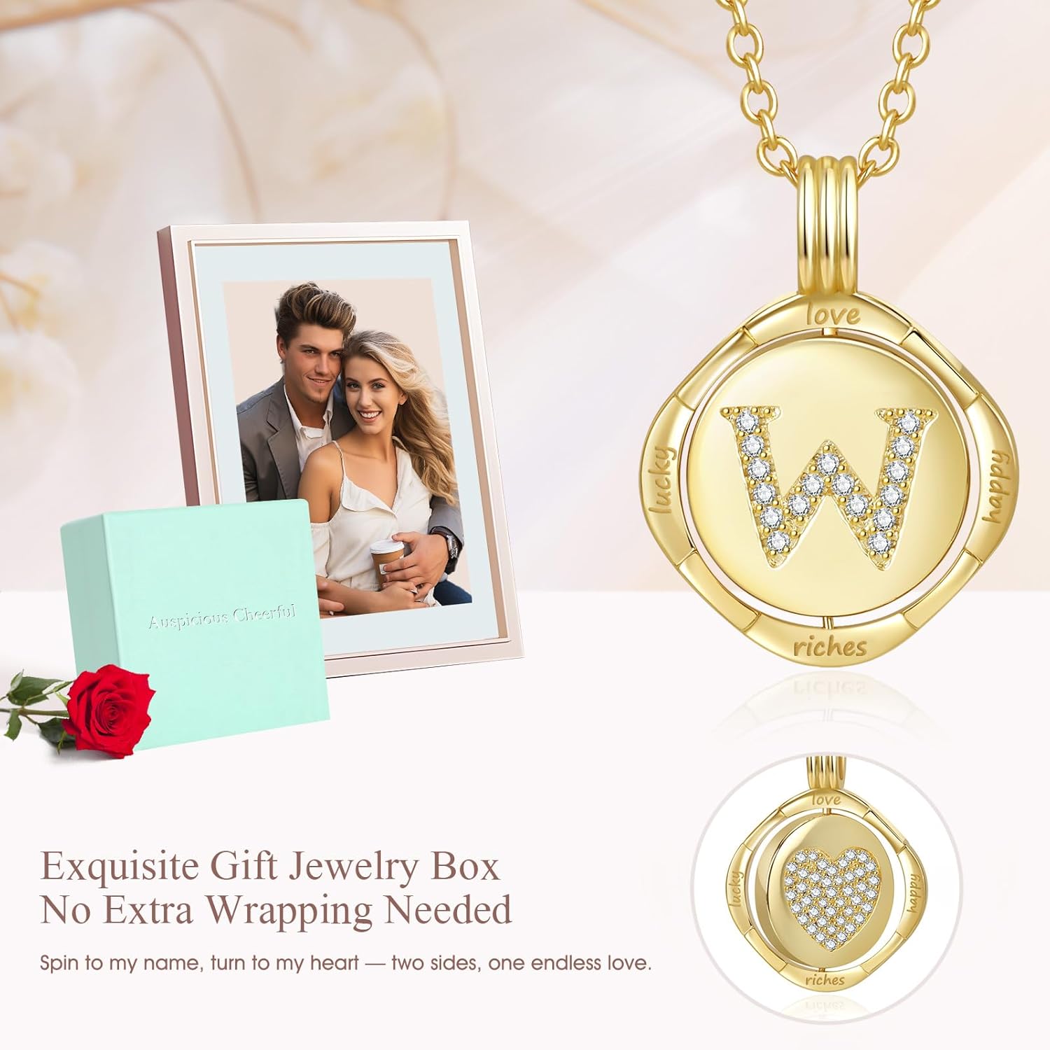 Gold Initial Necklace for Women - 14K Gold Plated Heart Necklaces, Double Rotating ... - Image 6