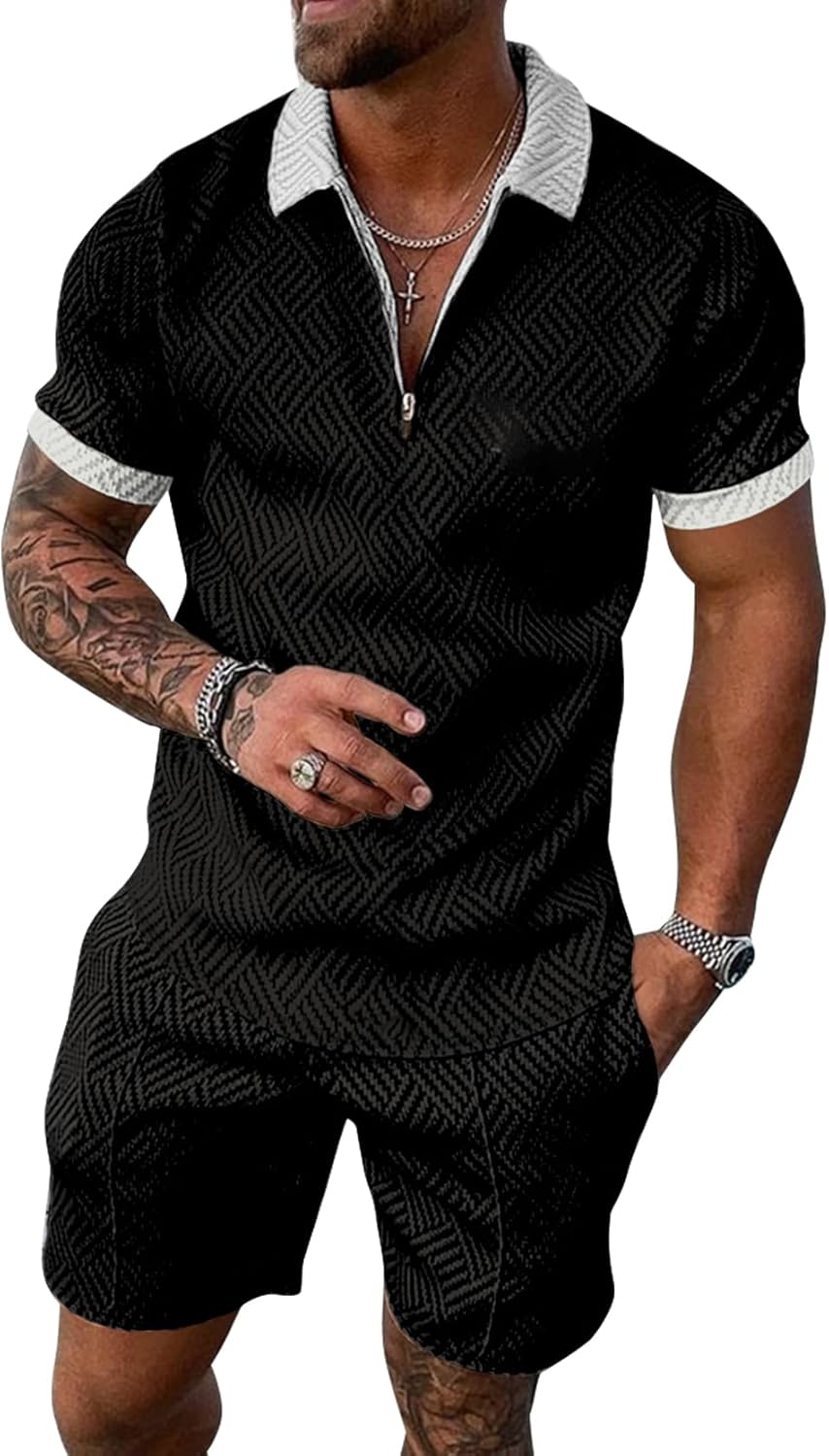 FEOYA Men’s Polo Shirt and Shorts Set 2 Piece Summer Tracksuit Fashion Casual Short Sleeve Polo Suits Activewear Sweatsuits