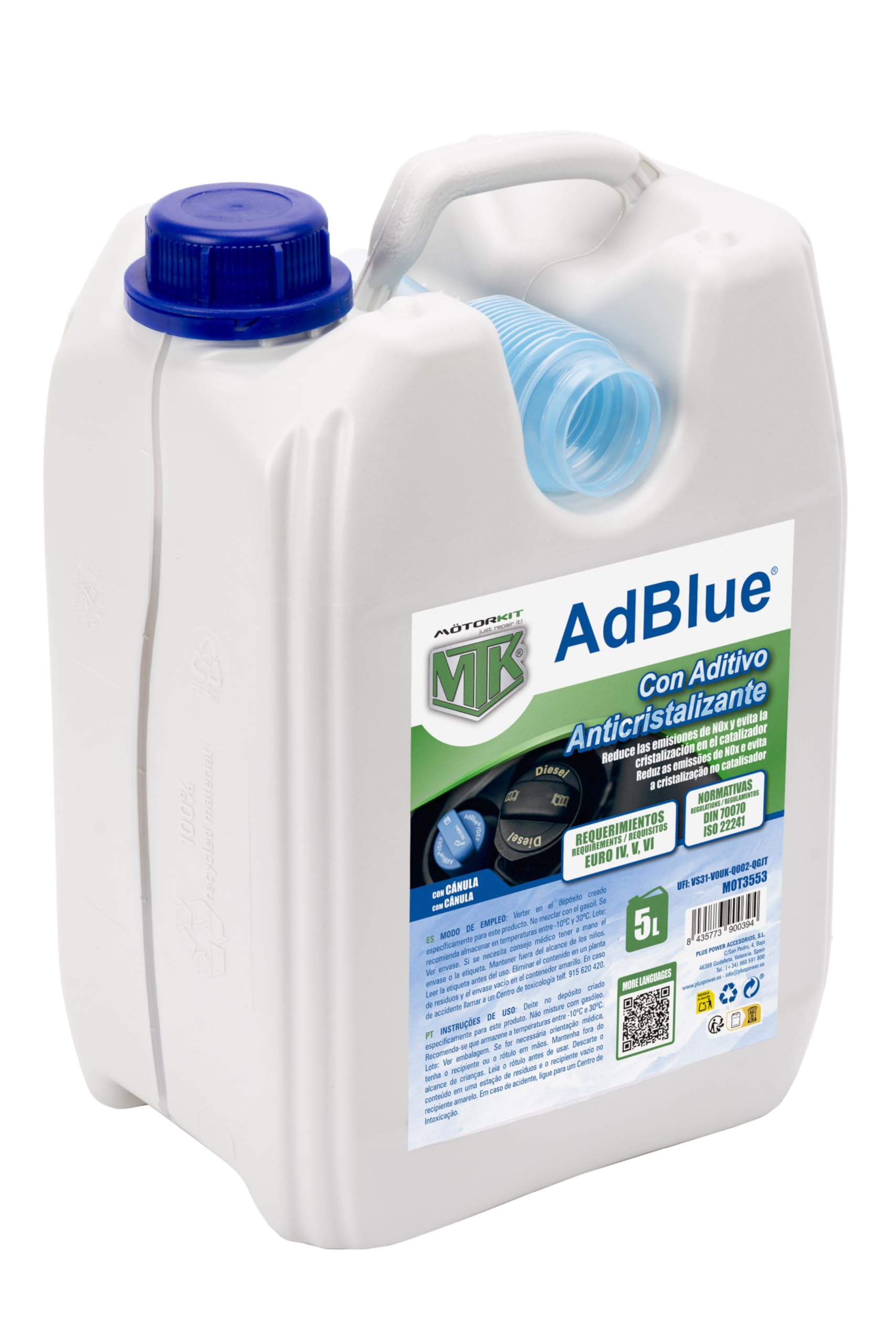 MOTORKIT AdBlue with Anti-crystallisation additive in 5 Litre Bottle with Cannula. Reduces NOx Emissions and Prevents Crystallization in The Catalyst. Meets Euro IV, V and VI