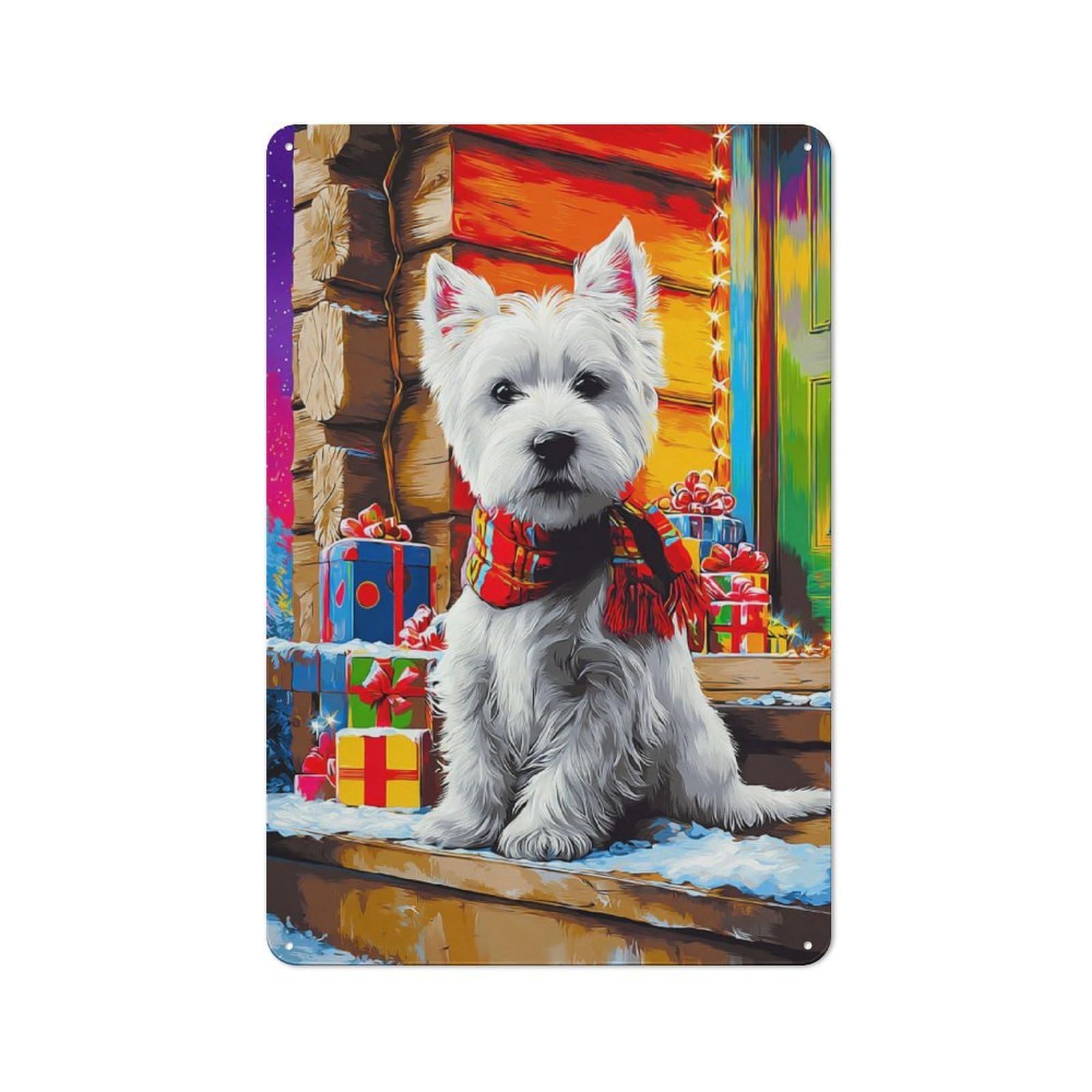 Junmoney Christmas Westie With Presents -2 Metal Wall Sign 30X20cm Featuring For Garage Or Workshop, For Vintage Wall Decor Fans, For Metal Sign Collectors