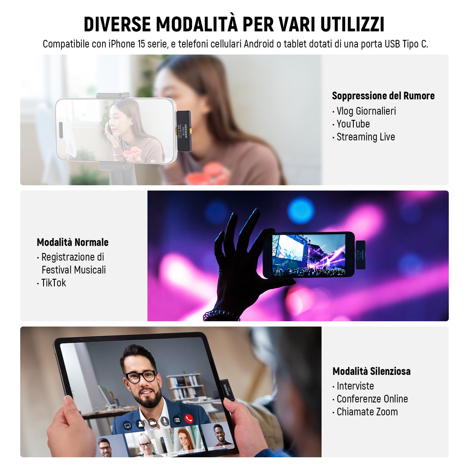 Neewer Kit di Microfono Wireless per iPhone 16 15 Pro Max iPad Android, Microfono Lavalier Anti Rumore con Ricevitore USB C e Custodia di Ricarica, Mini Lav Mic a Clip per Registrazione Video, KM15