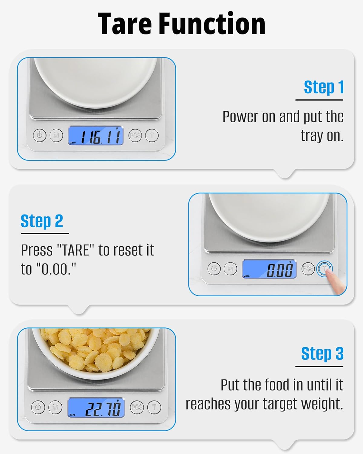 Three steps demonstrating the Tare function on the NEXT-SHINE Gram Scale: 1. Power on and place tray, 2. Press 'T' to zero, 3. Add items to weigh.