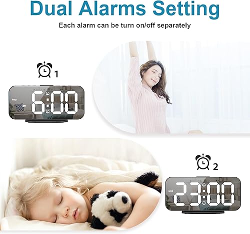 Miniatura 2 de ALANAS Reloj despertador digital con doble alarma, espejo LED reloj despertador para dormitorio para niños, brillo ajustable, repetición, 2 puertos