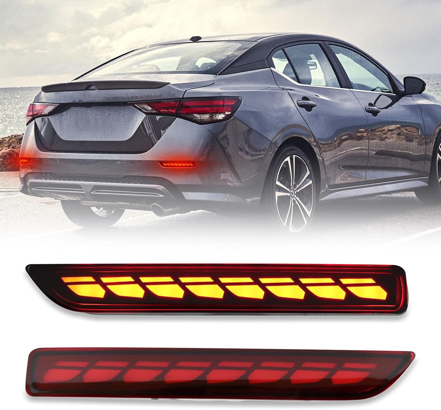 LED Rear Bumper Reflectors Light Fog Brake Tail Lamps Compatible with for 2015-2022 Nissan Murano for Nissan Sentra, for Nissan Leaf Replace OEM Stock Reflector Trim (RED)