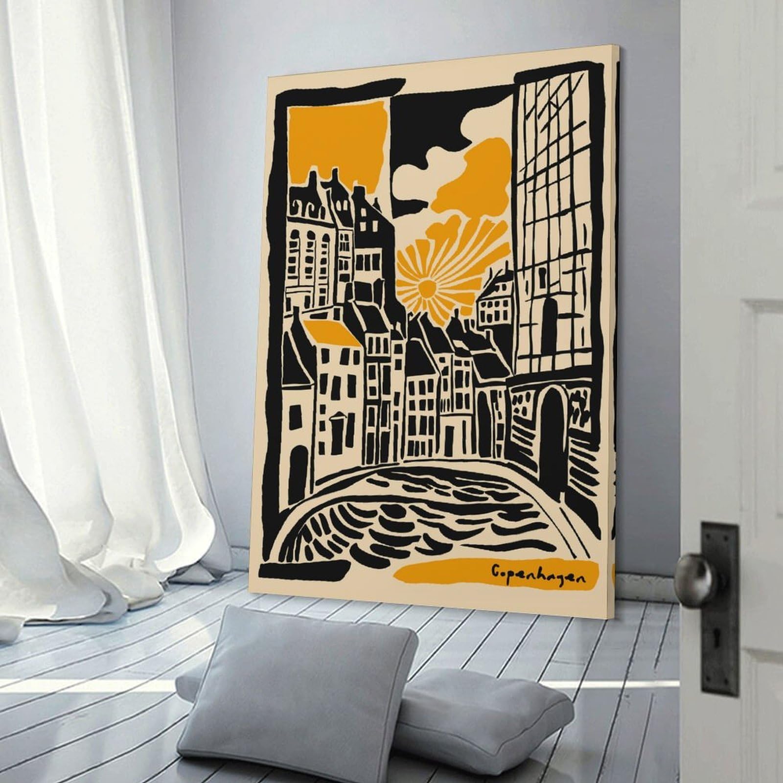 Junmoney Copenhagen Cityscape Illustration Canvas Art Print, 24x36inch(60x90cm), for Home Walls, Creative Rooms Or Shared Spaces, Decorative Artwork with Broad Appeal