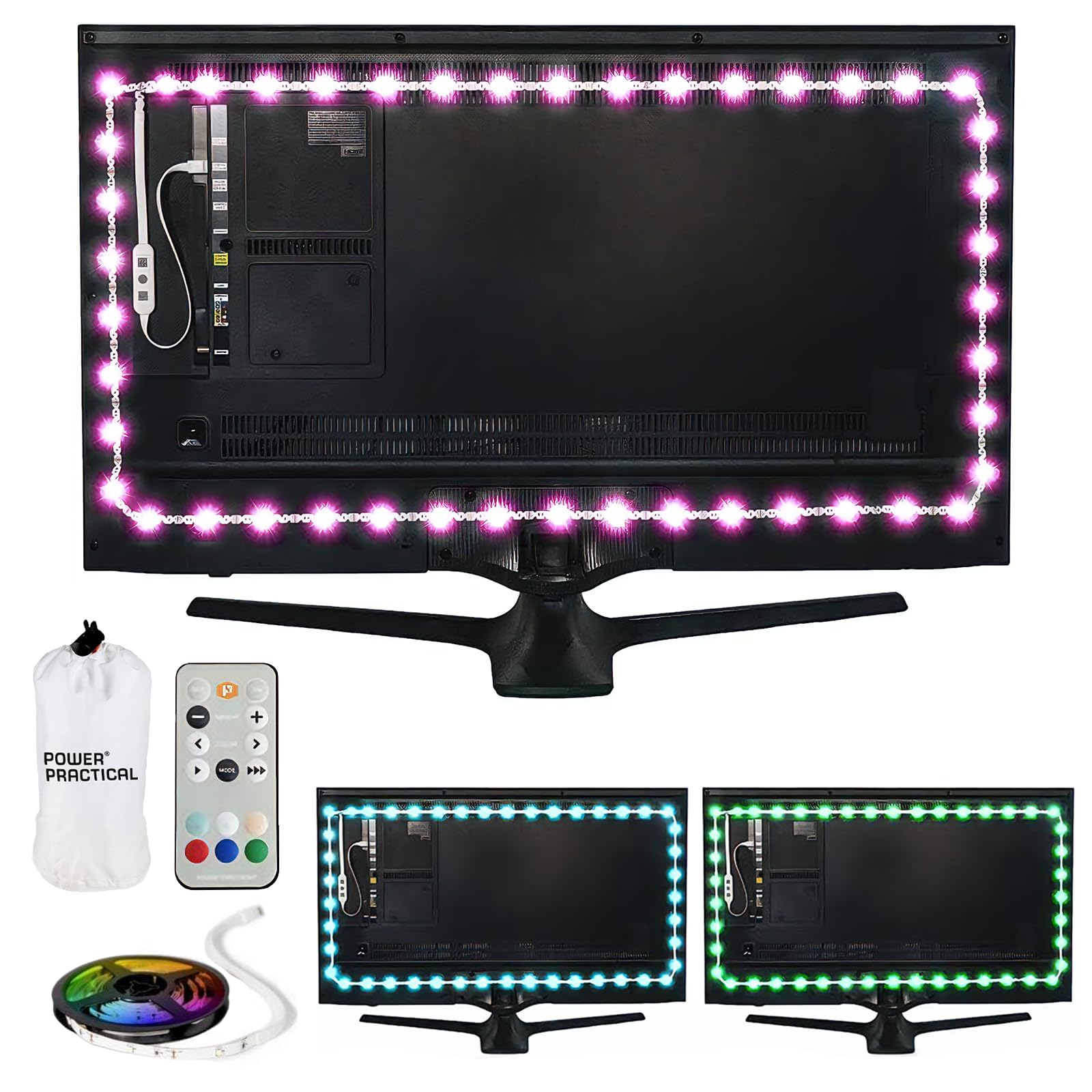 Power Practical LED Lights for TV in Living Room or Bedroom, Luminoodle Backlight, USB Powered Strips w/Remote for 15 Ambient Color Bias Lighting Options & 10 Brightness Modes, Size (60"-80" TV)