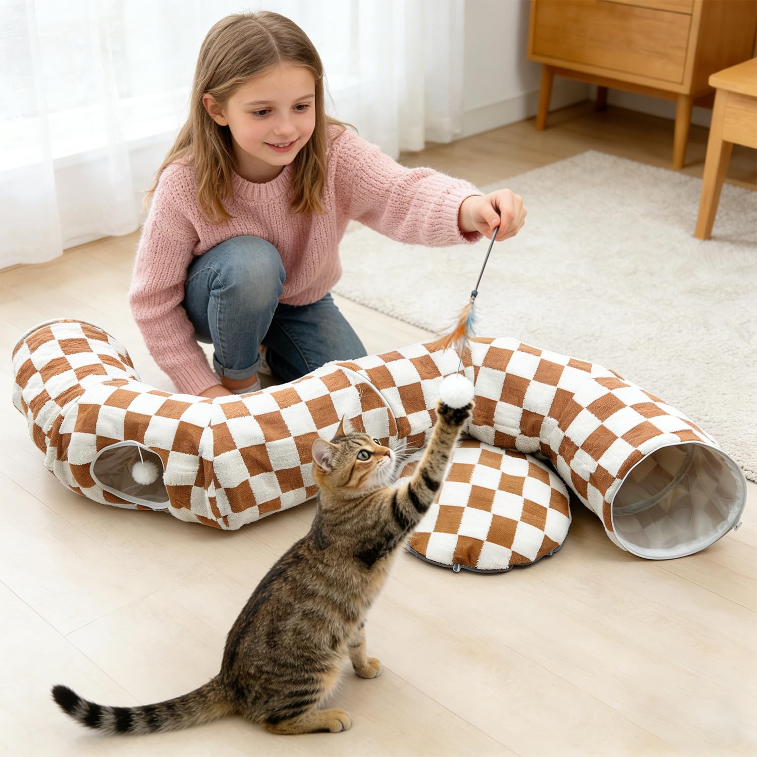 Tunnel de jeu 2 en 1 pour chat et chat avec jouet suspendu, tunnel pour chat XXL avec 2 entrées, coussin lavable, tunnel pliable