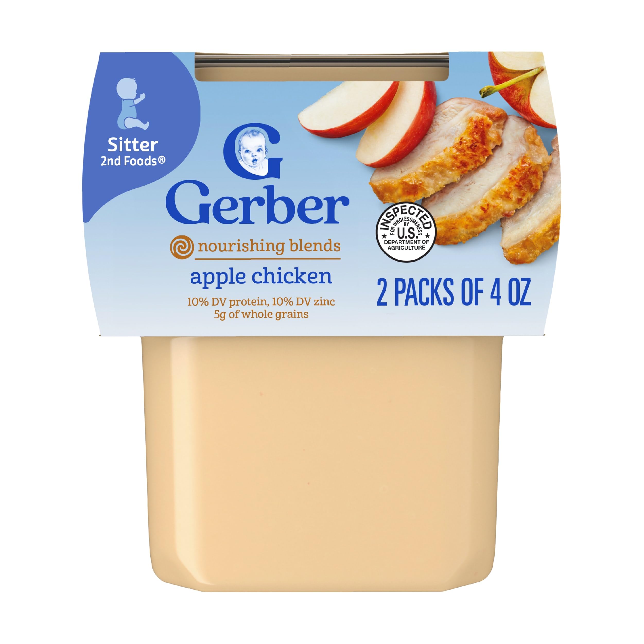 Gerber Baby Food 2nd Foods, Dinner, Apple Chicken Puree, 4 Ounce Tubs, 2-Pack (Pack of 8)