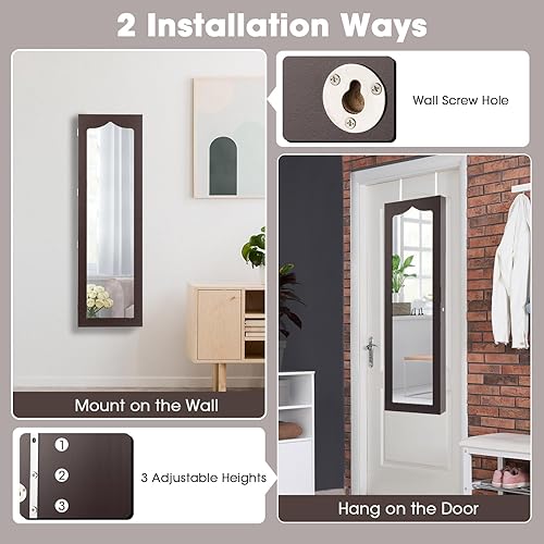 Miniatura 5 de HAPPYGRILL Armario de joyería montado en la pared, organizador de joyas con cerradura con espejo de longitud completa, 6 cajones y 5 LED, armario de