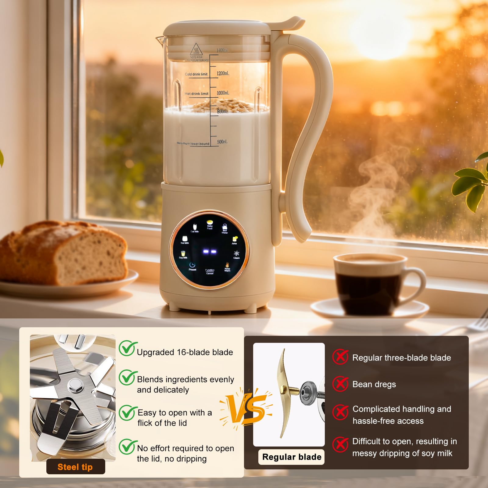 Macchina per latte di soia, 1400 ml, con 16 lame, indicatore LED, prenotazione 12 ore, autopulente, 6 funzioni, per latte vegetale fatto in casa, avena, latte di mandorle