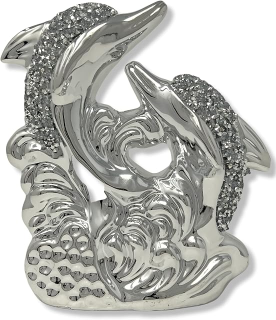 Silver Sparkle Ornament Bling |Dolphin scrupture Animal Statue Figurine Accessories For Living Room Office Home Bathroom Decoration | Crushed Diamond Gifts Display | Wedding Anniversary Present Gift