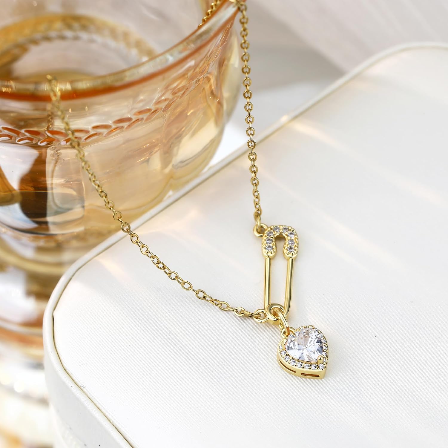 Heart Safety Pin Necklace for Women Crystal Heart Necklace Paper Clip Chain necklaces Trendy Safety Pin Fashion Jewelry Adjustable Charm Pendant Choker Necklaces image 4