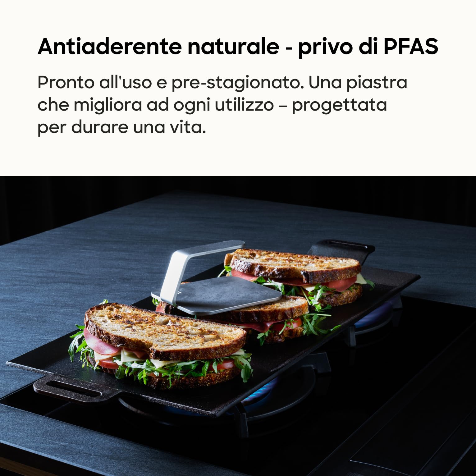 Gastrotools Piastra Grill Professionale in Acciaio al Carbonio (62 x 27 cm) – Massimo Controllo e Mantenimento del Calore – Antiaderente Senza PFAS – Adatta per Induzione, Gas, Forno e Barbecue
