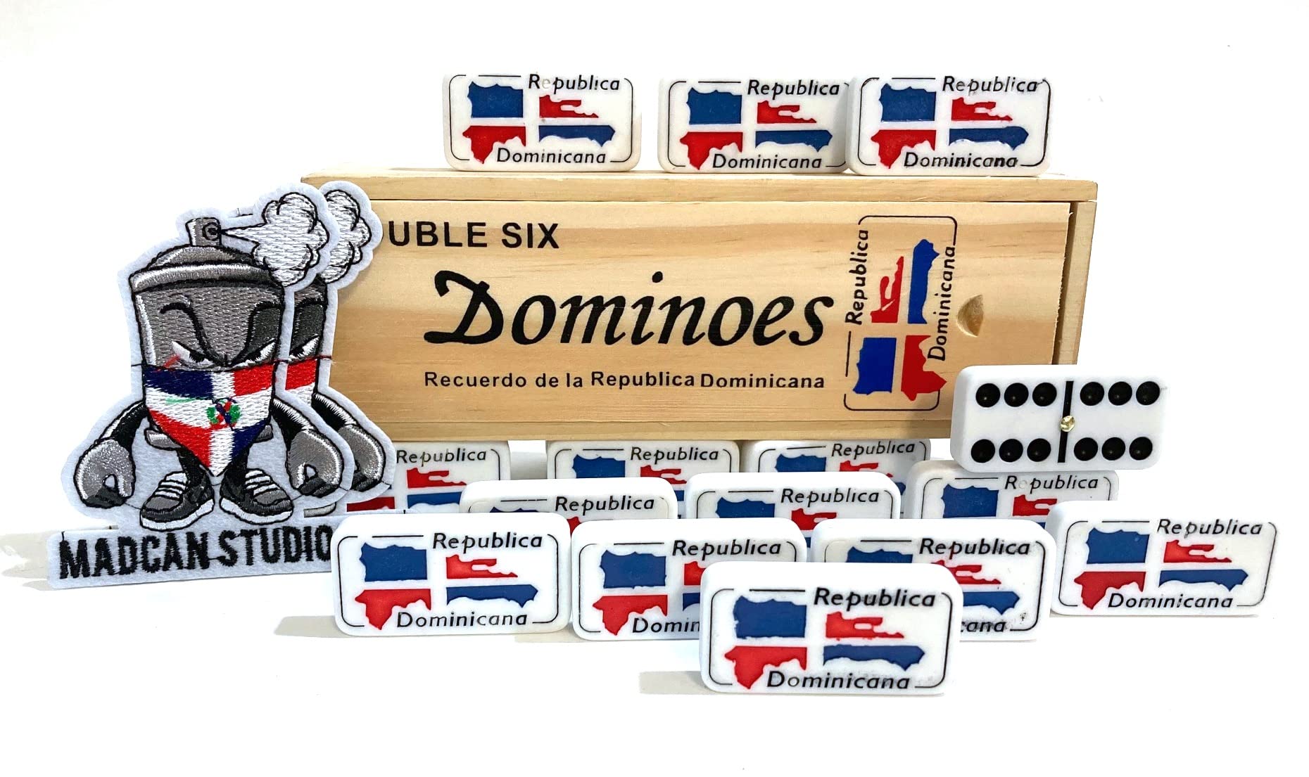Artist Unknown Dominican Republic Flag Santo Domingo Double Six Dominoes Tiles in Wooden Case - Image 5