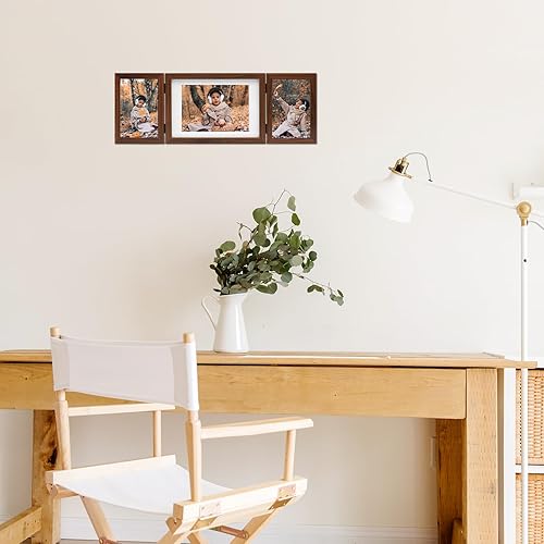 Miniatura 4 de DECOCIAGA 3 marcos de fotos plegables con bisagras de 4 x 6 y 5 x 7 pulgadas, múltiples marcos de fotos de madera para escritorio con paspartú para