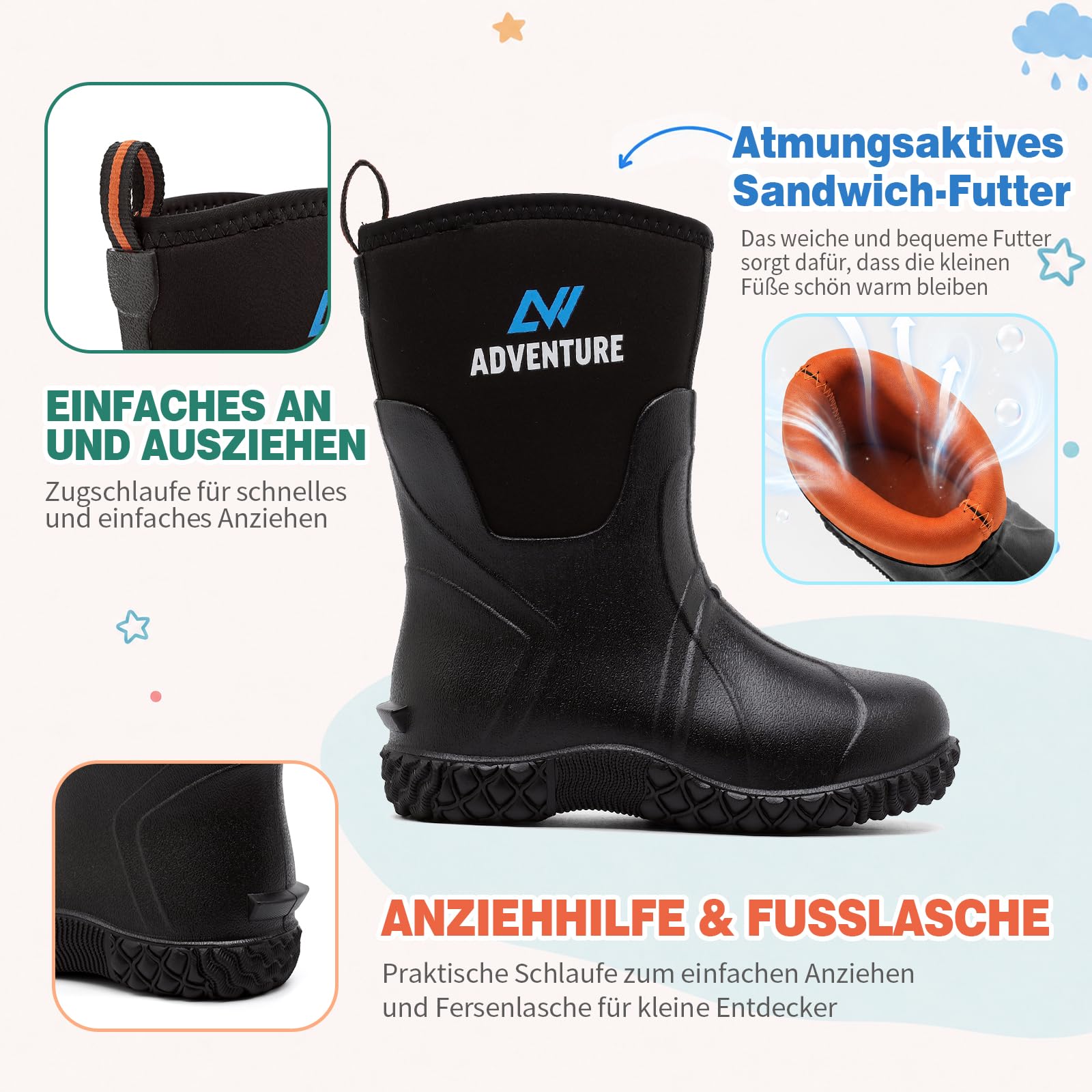 Stivali Pioggia Bambino, Stivaletti Gomma Impermeabile Antiscivolo, Leggeri | Stivaletti Bambina Scarpe Bambini da Acqua, Suola Aderente, Altezza Polpaccio, Calzature per Esterno, Facili da Pulire