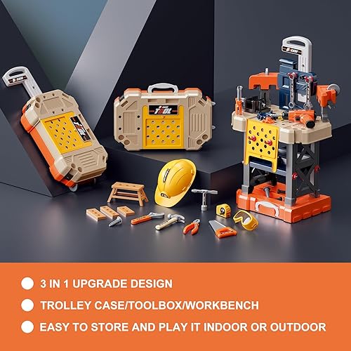 Miniatura 5 de Banco de herramientas para niños, juego de herramientas para niños con taladro de juguete eléctrico y herramientas realistas, juego de herramientas