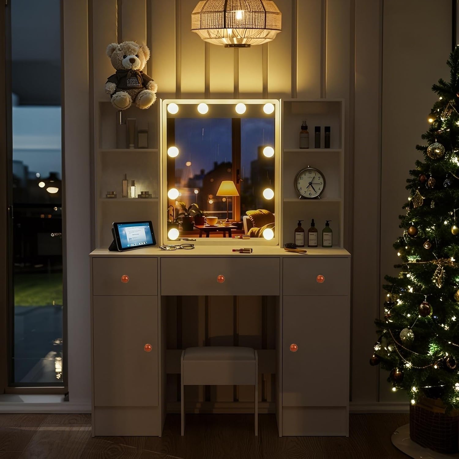 Vanity with Mirror and Lights,Makeup Vanity with 3 Drawers 2 Lage Cabinet & 3 Model Adjustable Lights for Bedroom White,39.5" L*15.8" W*55.2" H