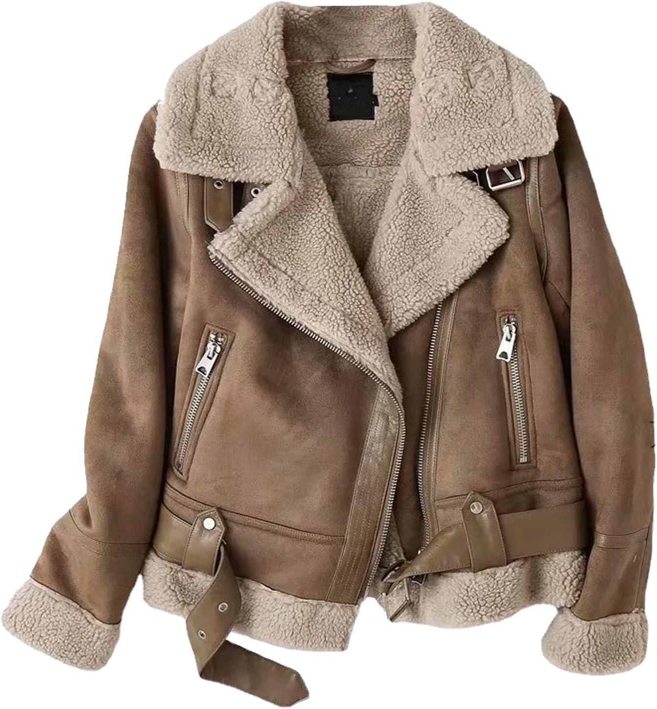 Women Sheepskin Coats Parka Thick Lined Sheepskin Jacket Winter Faux Suede Coat Zipper
