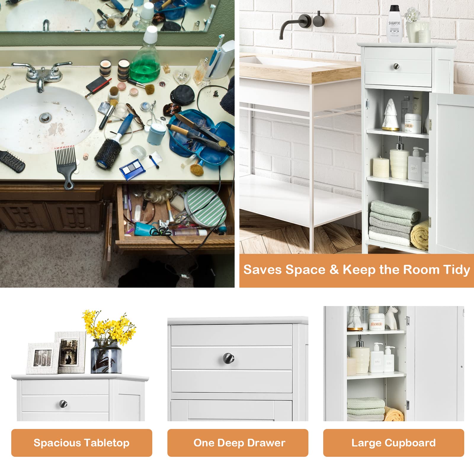 GIANTEX Armadietto Bagno da Terra, Mobiletto a 3 Ripiani con Anta, Cassetto, Manico, Spazio Interno Flessibile, Compatto e Salvaspazio, 35,5x30,5x88 cm, Bianco/Marrone/Grigio/Nero