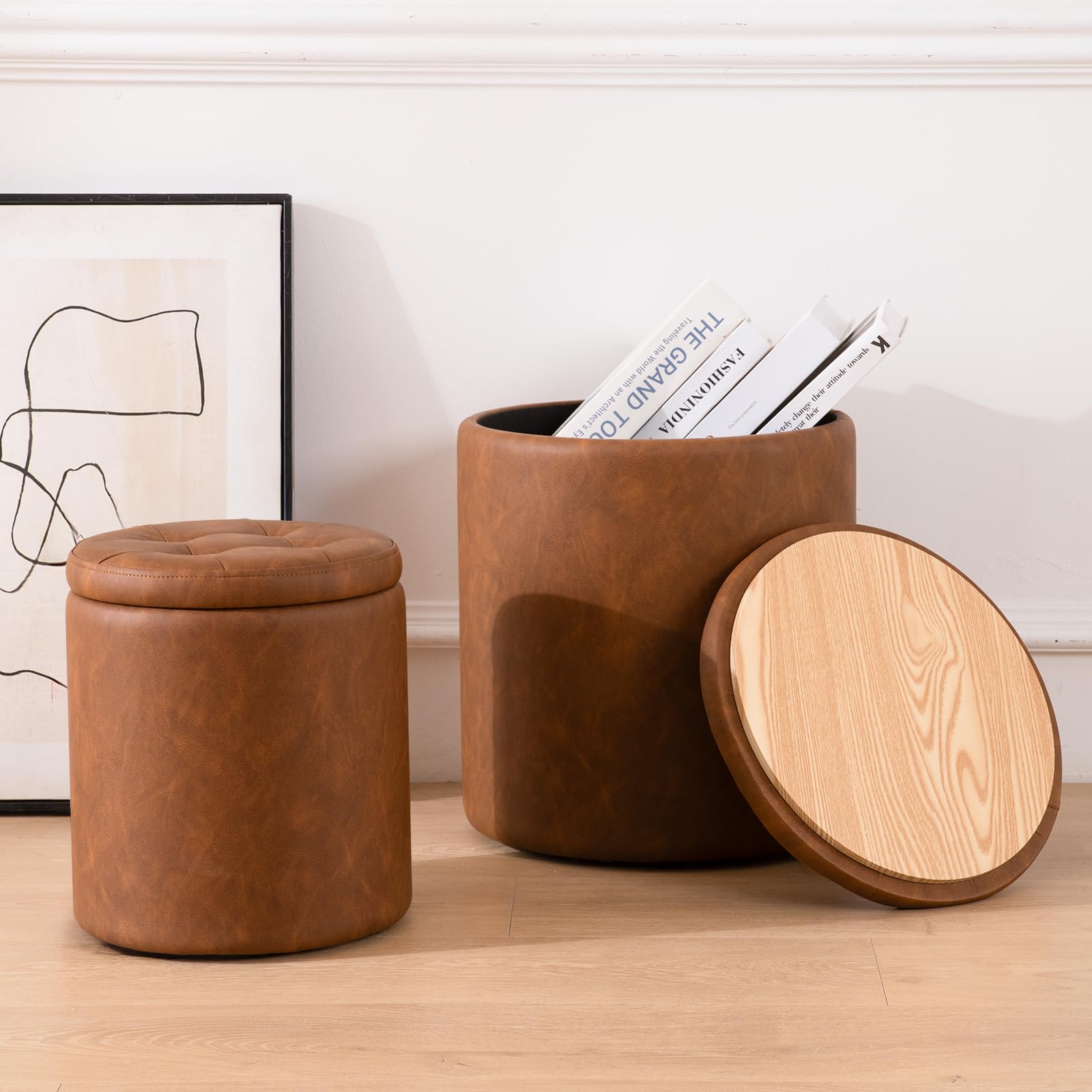 round ottoman with storage set of 2, 12.6"w x 14.17"h & 14.76"w x 17.32"h faux leather button tufted storage ottoman, boucle vanity stool footrest coffee table for living room, bedroom, brown