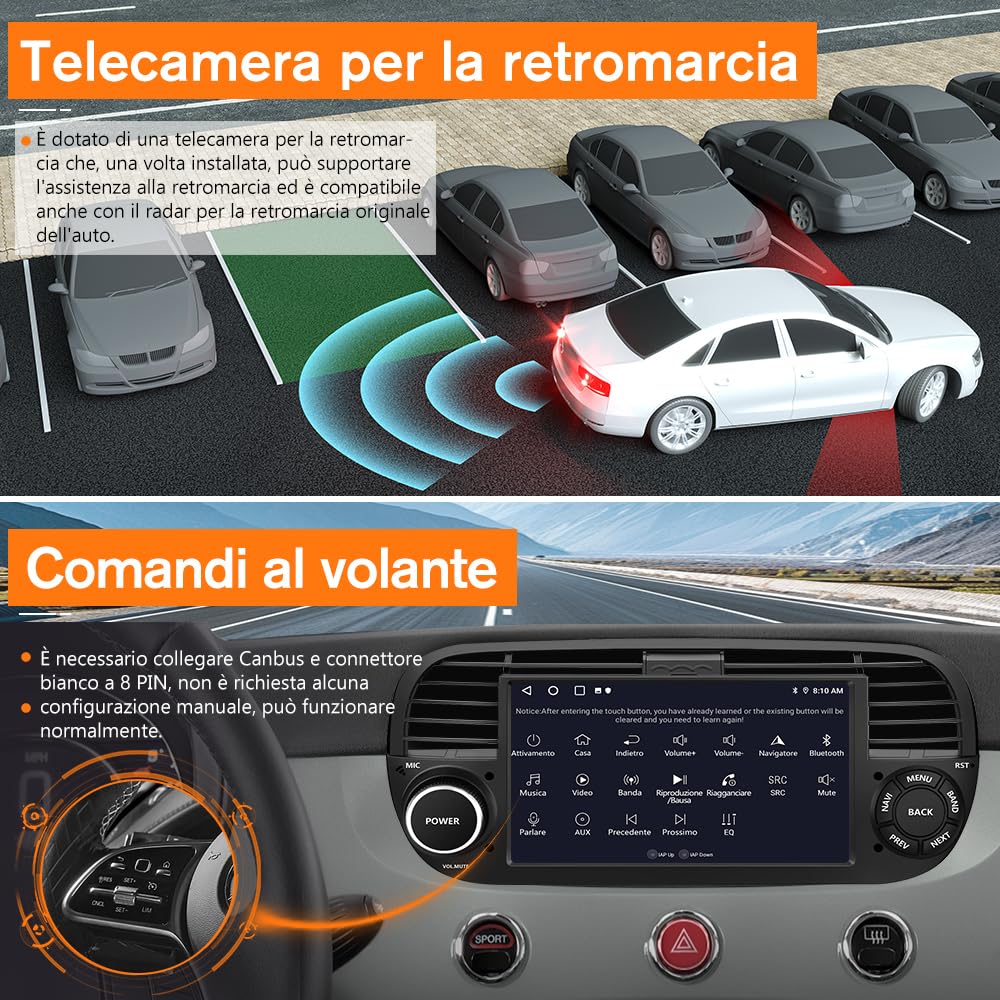 Autoradio per Fiat 500 (2007-2015) Android 13 Car Radio (2+64GB) con CarPlay Android Auto GPS BT Comandi al Volante FM RDS + Fotocamera Posteriore (Nero)