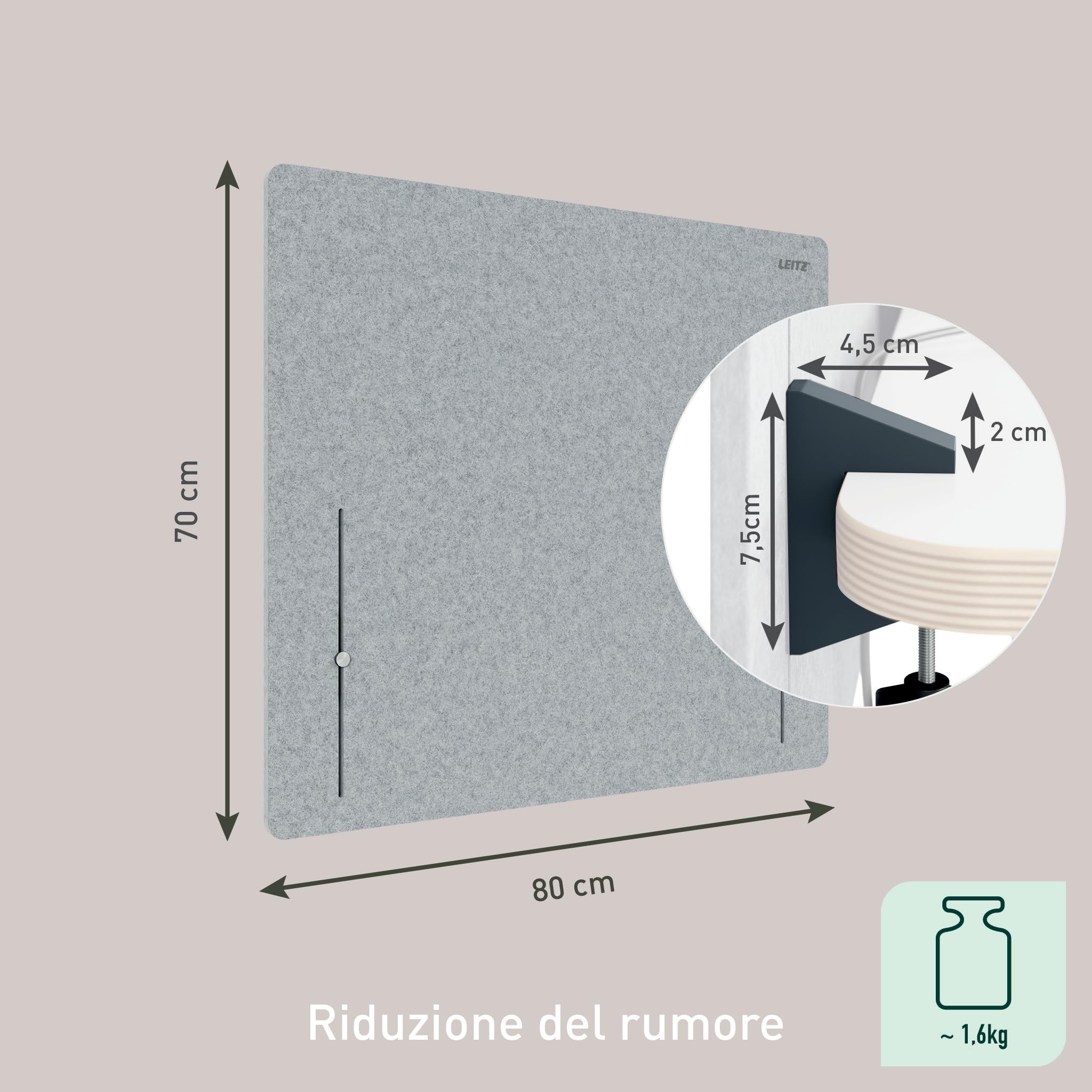 Leitz Divisorio Scrivania Regolabile in Altezza - Pannello Scrivania con Regolazione Continua, Materiali Fonoassorbenti e Morsetto Sicuro - 80 x 70cm