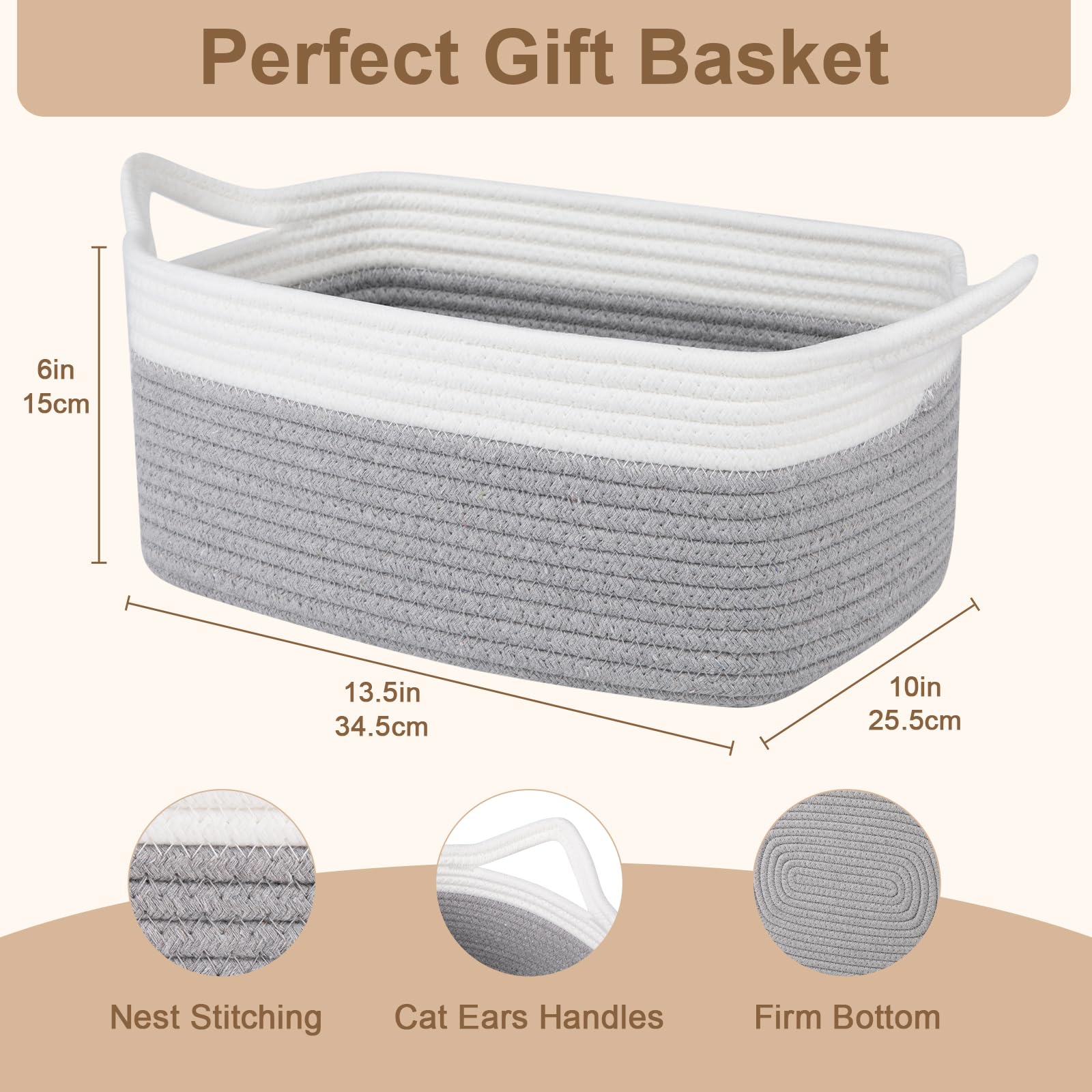 OIAHOMY Small Basket with Handles, Cotton Rope Dog Cat Toy Bin, Woven Storage Baskets for Living Room Nursery, Gift Basket Empty for Halloween, Christmas, 13.5