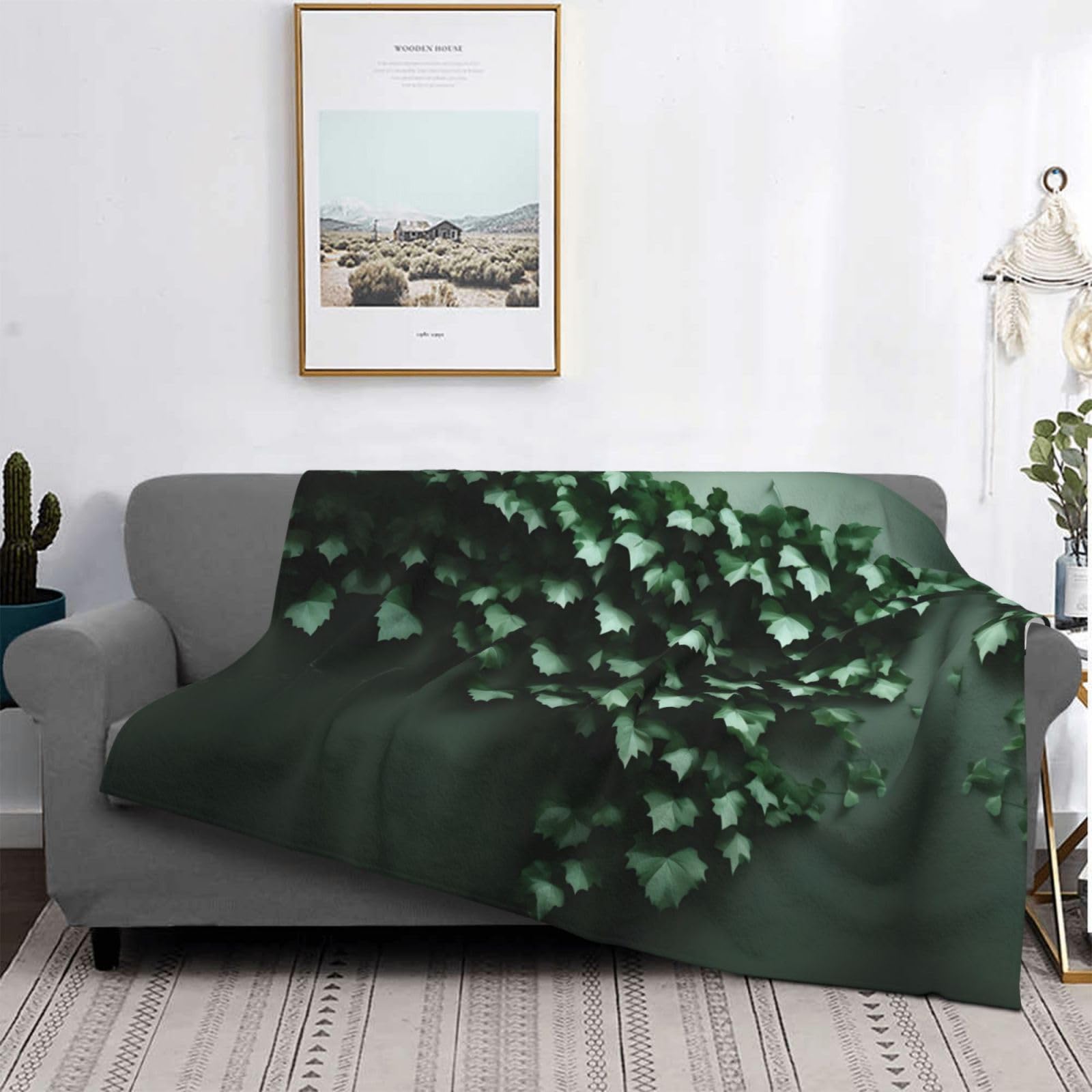 Manta de franela suave y acogedora de 80 x 60 pulgadas, estampado de enredadera verde, ligera, perfecta para cama, sofá, camping y viajes