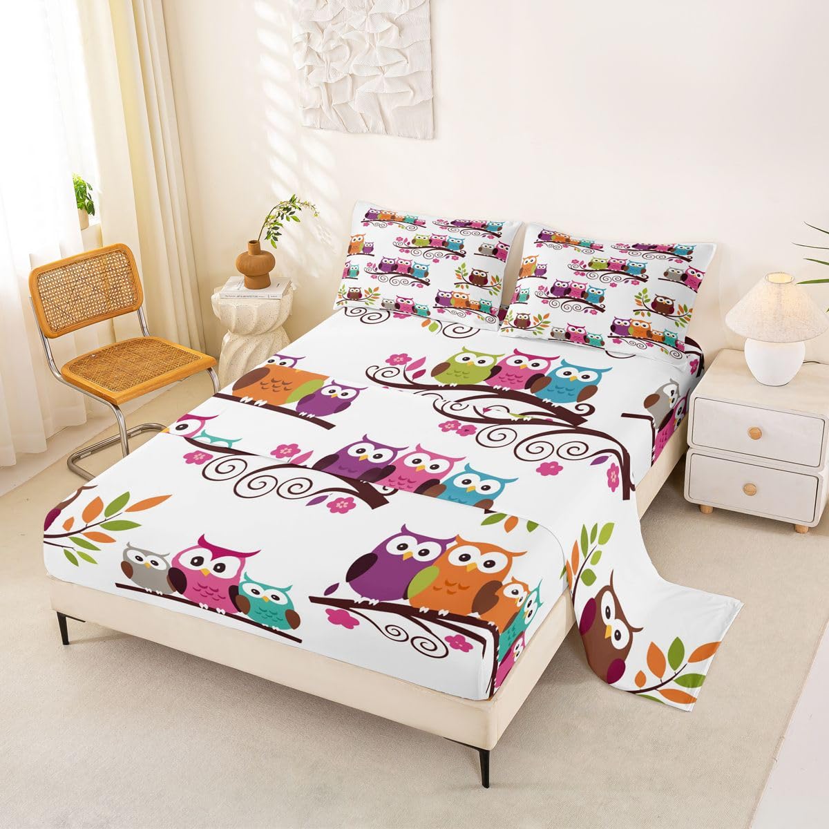 Juego de sábanas con estampado de búhos de dibujos animados para niños, con bolsillo profundo, sábana bajera ajustable Kawaii, ramas de pájaros, decoración de habitación, juego de sábanas decorativas,