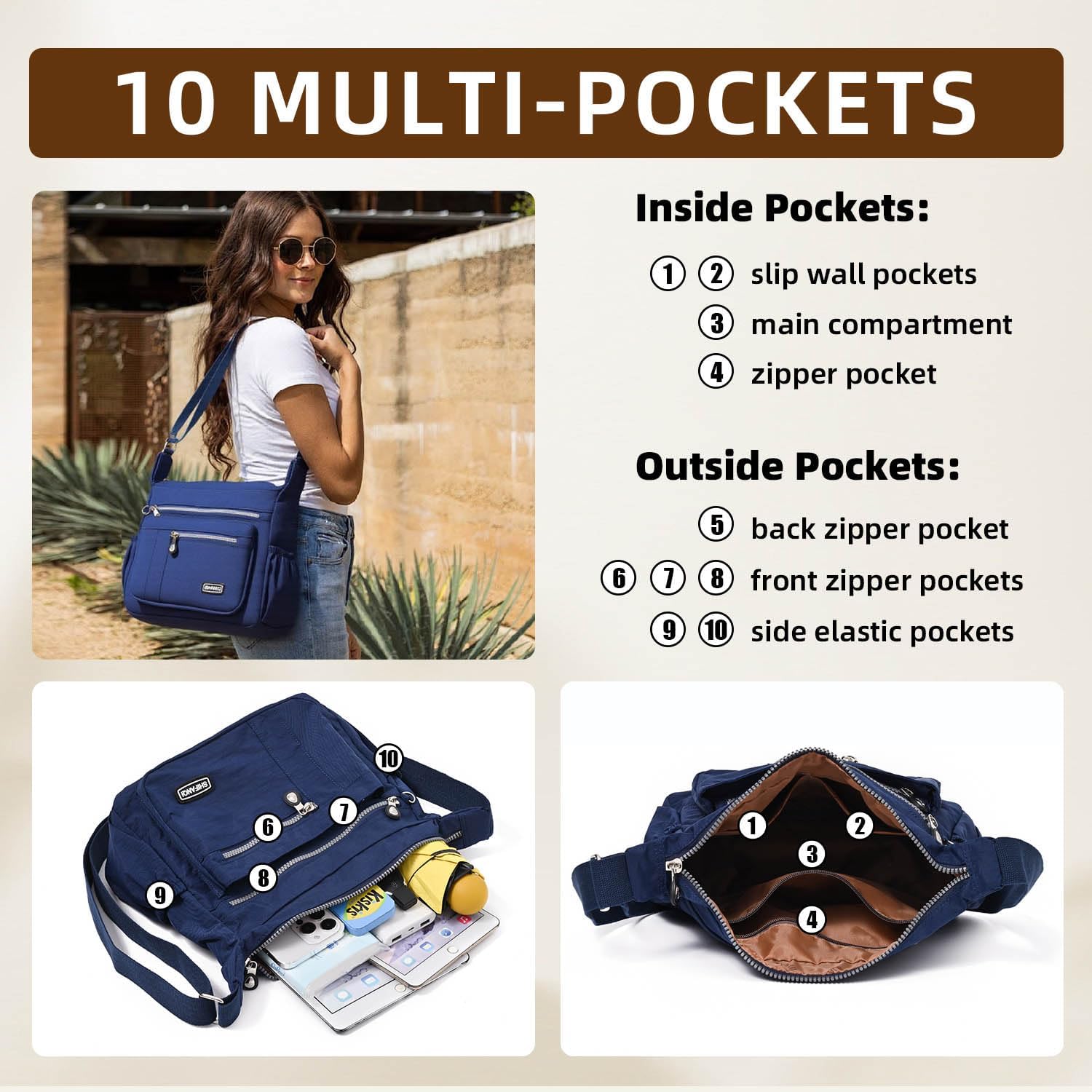 Crossbody Bag for Women, Multi Pockets Waterproof Nylon Shoulder Handbag, Lightweight Crossbody Purse for Ladies - Image 5