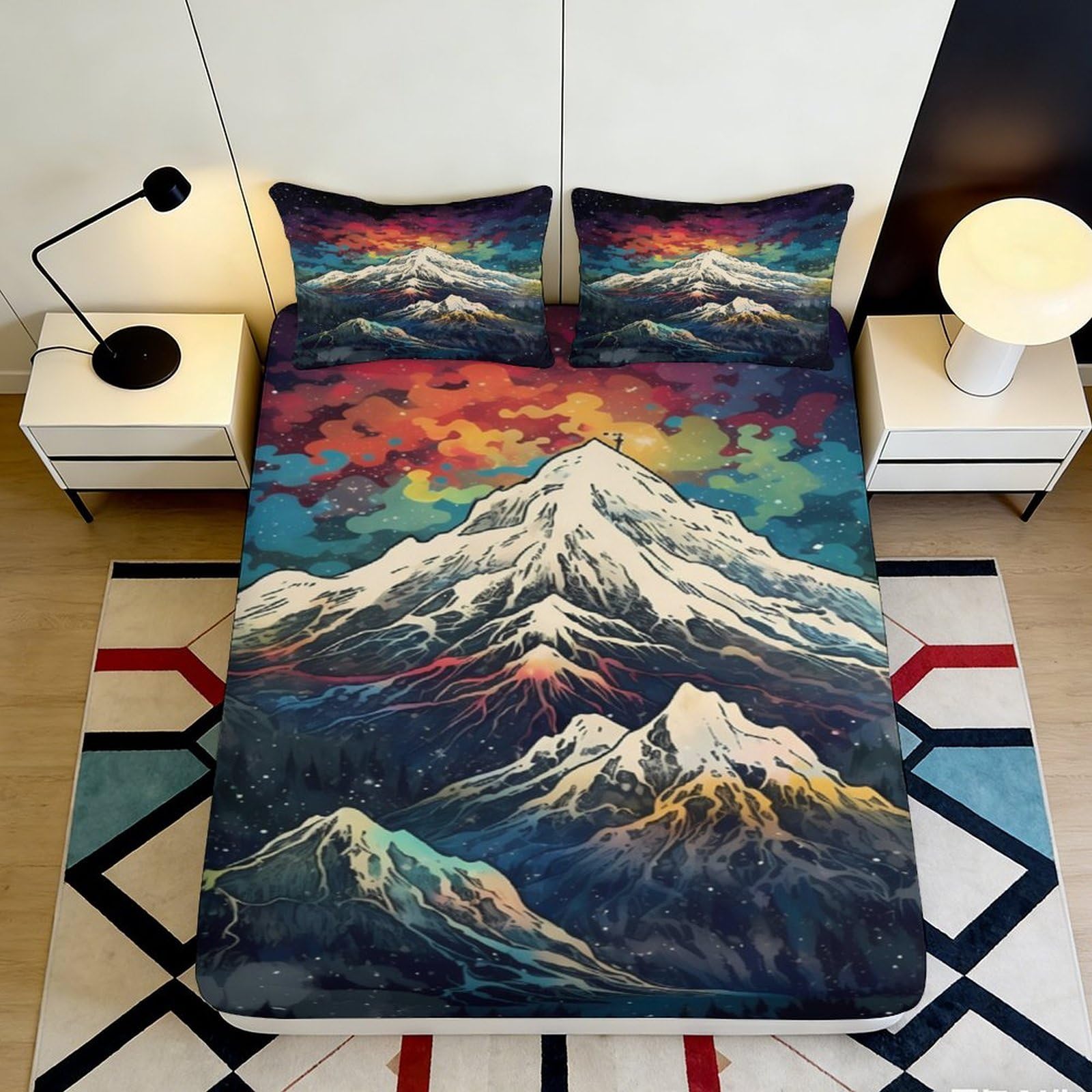3D Printed Mountain Landscape Fitted Sheet Microfiber Durable Soft 3D Printed Colorful Sky Mattress Cover for Bedroom Dormitory Guest Room 120x200x25cm