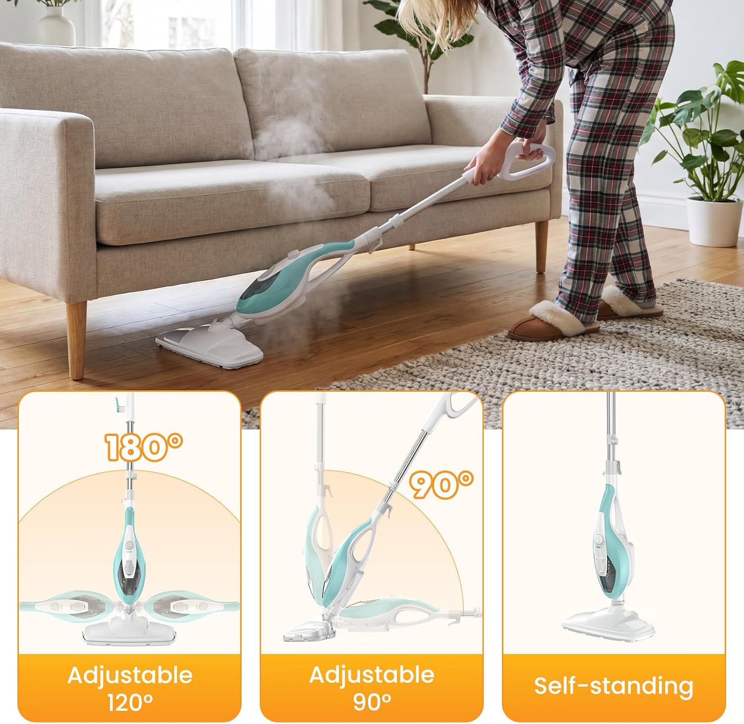 14-in-1 steam mop, 1550w detachable handheld steam cleaner for floor cleaning, 16.4 ft cord, 2 washable pads, multi-purpose floor steamer for hardwood, carpet, tile, grout white green 47.24"*6.89"*12.4"