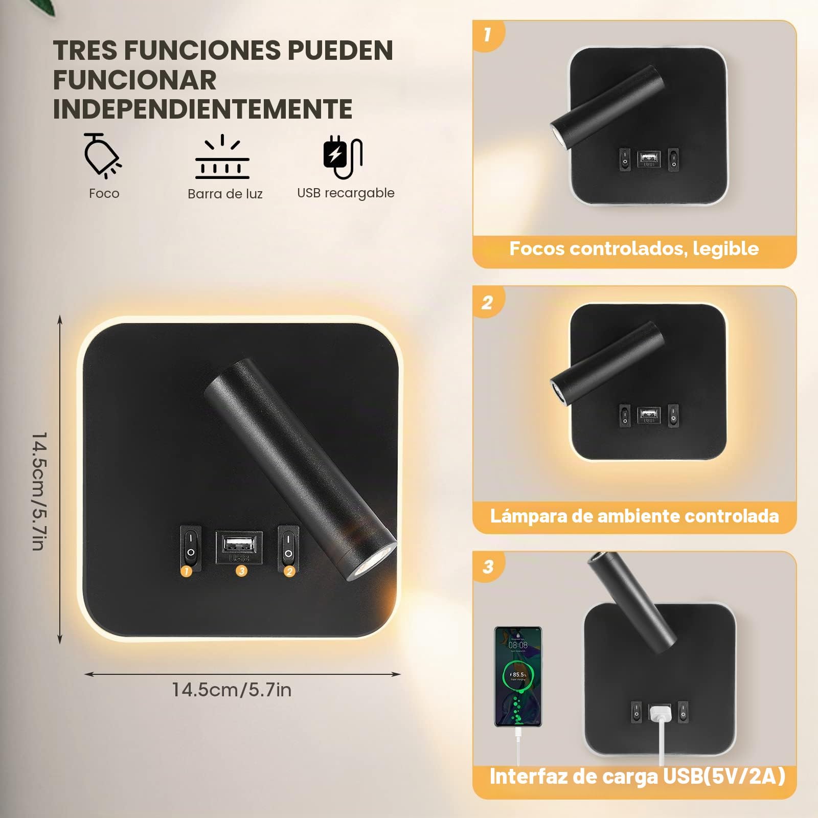 Luz de Lectura Cabecera 3W+9W 3000K, Lámpara de pared LED con Puerto de Carga USB e Interruptor, Lámpara de Pared del Pasillo ángulo Ajustable para Dormitorio Escaleras Salas de Estar Hotel (2 negro)