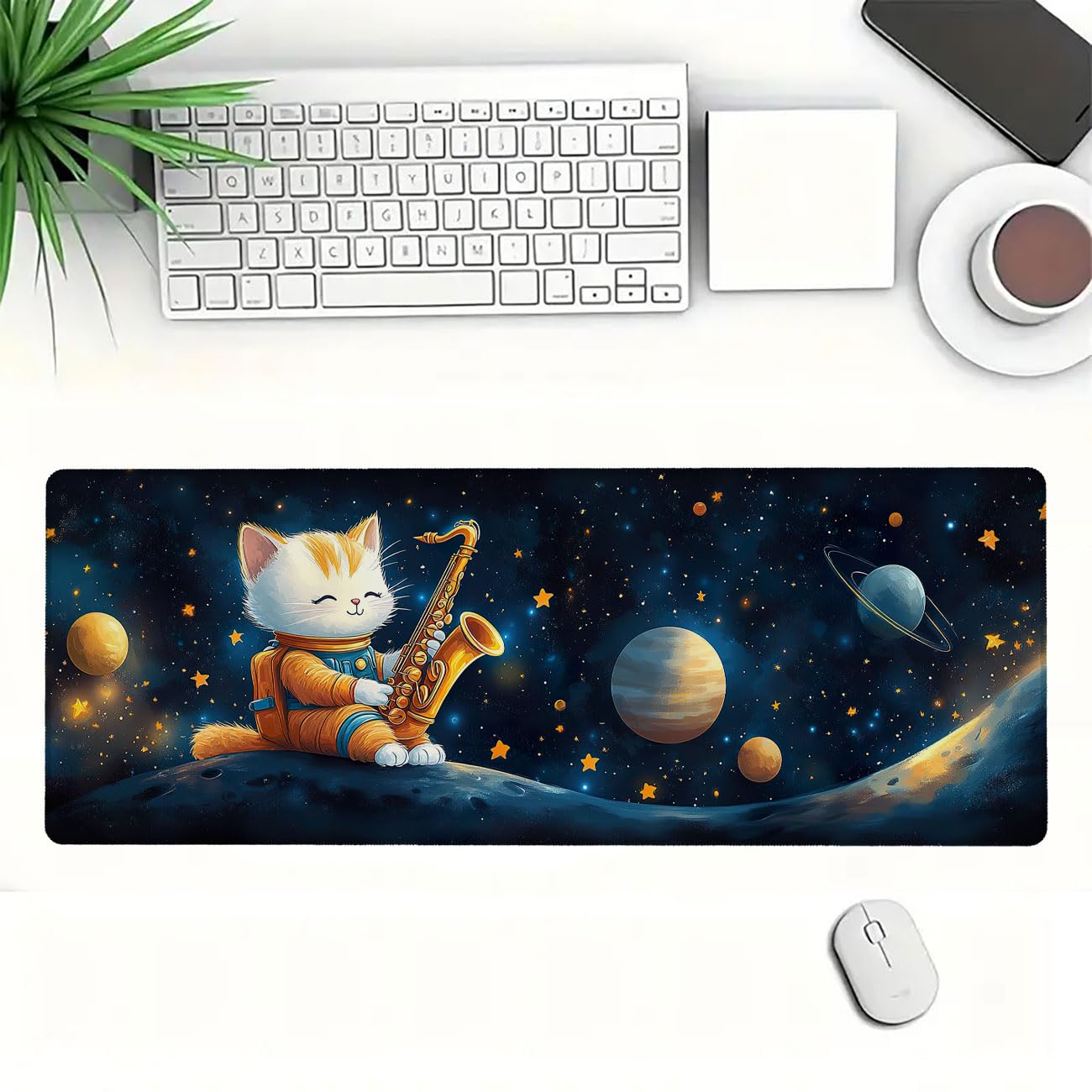 Tappetino per mouse con gatto e stronauta con simpatico sassofono spaziale, tappetino da scrivania esteso con bordo cucito, base antiscivolo, per ufficio, tastiera del computer portatile, casa, 80 x