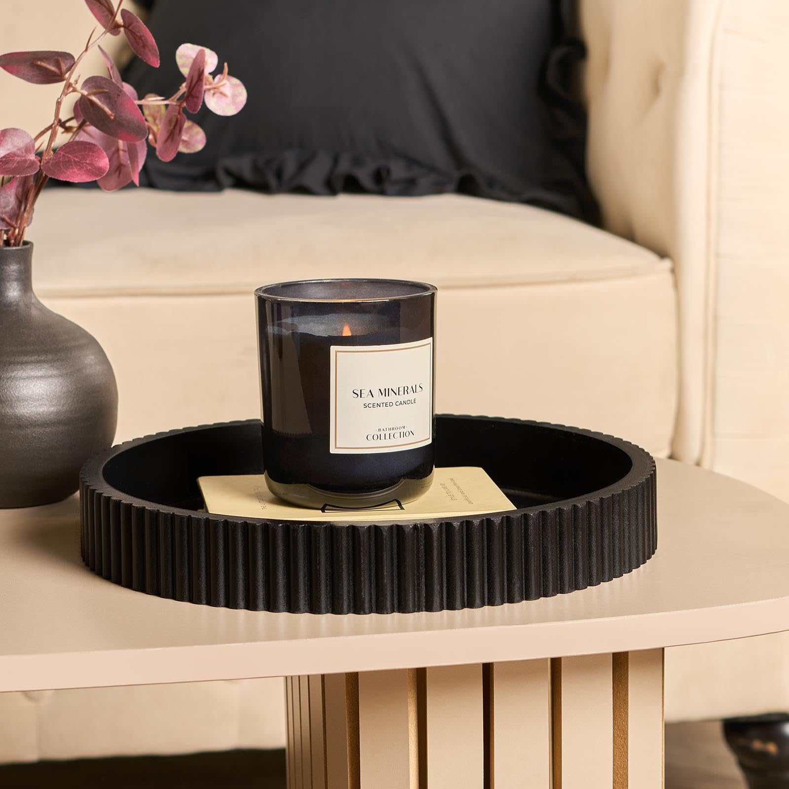 Ohs Black Round Decorative Tray, Ribbed Coffee Table Tray Modern Bathroom Vanity Trays For Dresser Jewellery Toilet Tank Bedroom Kitchen Countertop Candle Holder Storage Organiser,