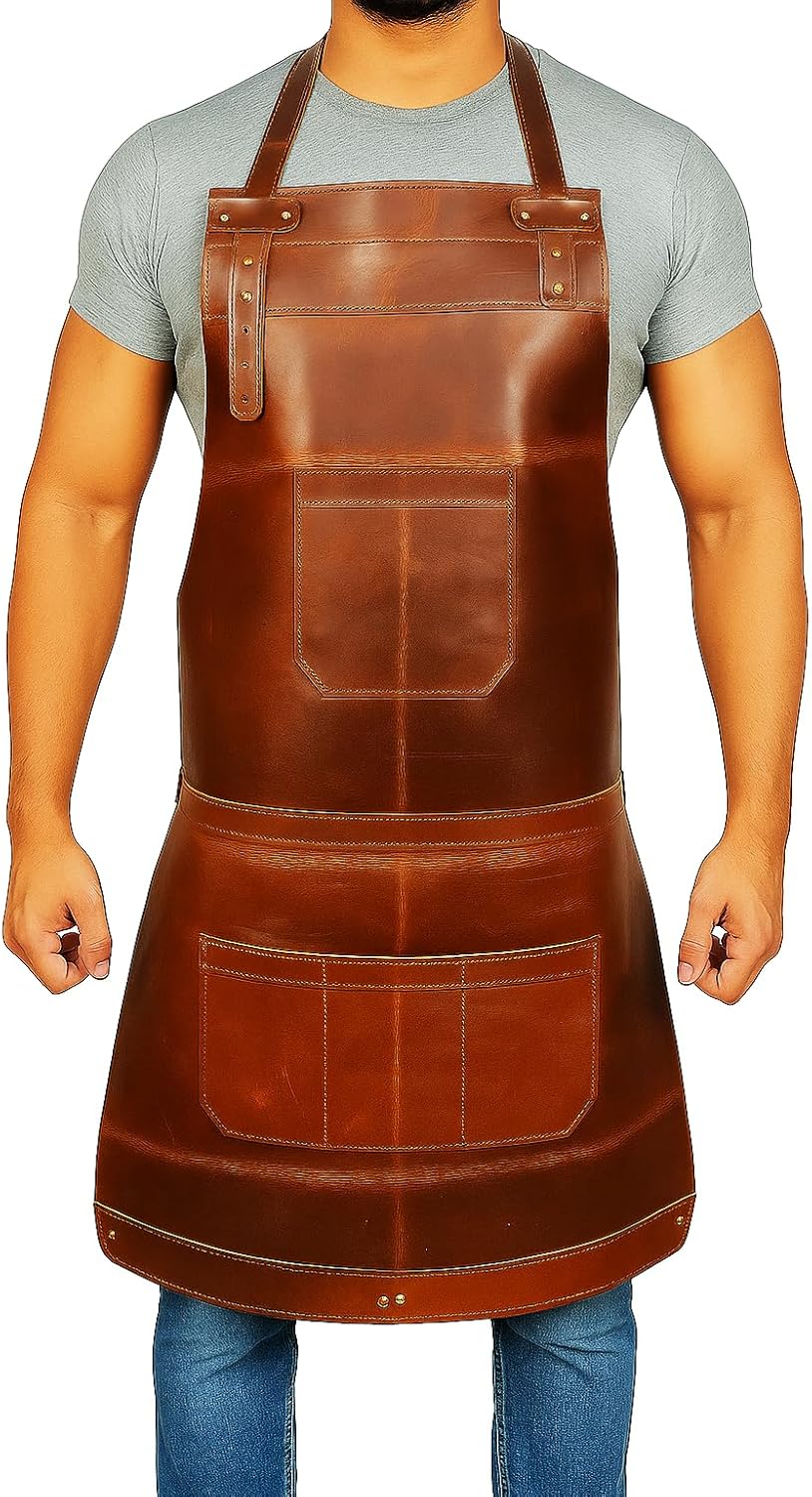 HEAVEN HUSH Genuine Leather Apron for Men & Women, Adjustable Straps & Tool Pockets, Premium BBQ,Cooking, Blacksmith Aprons