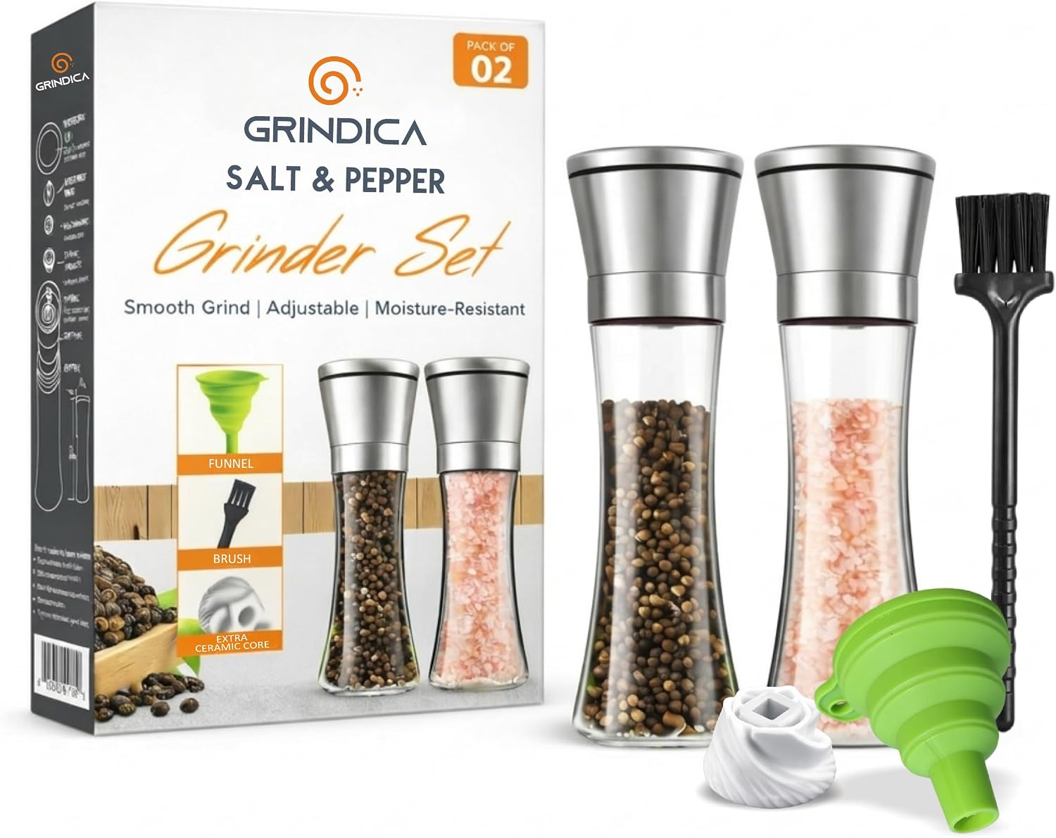 Salt and Pepper Grinder Set of 2, Manual Refillable Glass Salt Mill & Pepper Mill, Adjustable 5 Coarseness Settings, Stainless Steel, Ceramic Mechanism, Funnel, Brush & Extra Core
