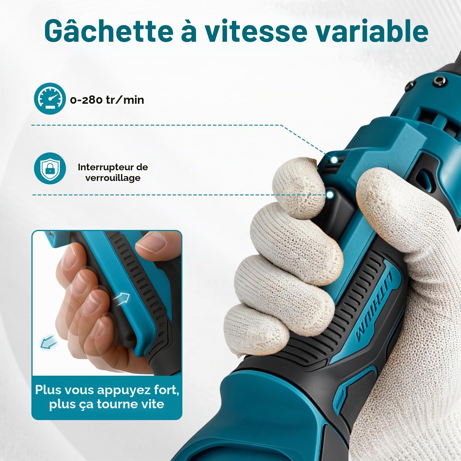 Clé à cliquet sans fil 3/8" compatible avec Makita 18 V, cliquet électrique avec adaptateur 1/4" et adaptateur 1/2", 280 tr/min, 80 Nm, cliquet à chocs électrique pour l'entretien du vélo et de la