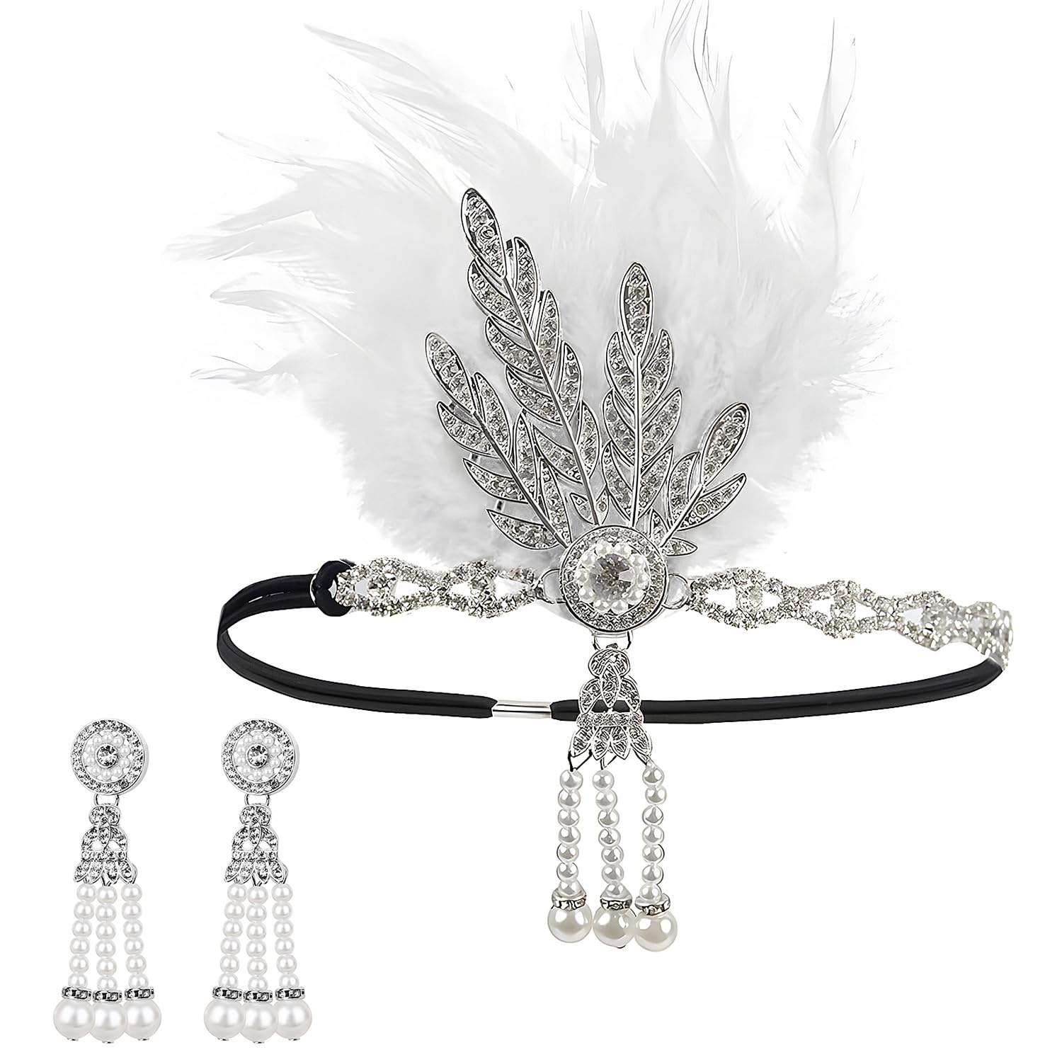 3Pcs 1920s Headband with Tassel Earrings, White Feathers Flapper Headband, Vintage Gatsby Accessories for Women, Roaring Fascinator for Themed Parties, Costume Events and Performances