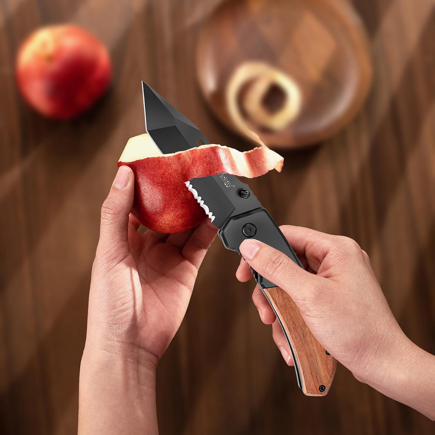 Vickay Pocket Knife, Folding Knife with Clip - 3.54″ Black Serrated Steel Blade, Wood Handle EDC Knife for Men & Women, Outdoor Camping, Tactical, Hunting, Hiking, Survival - Father’s Day Gift