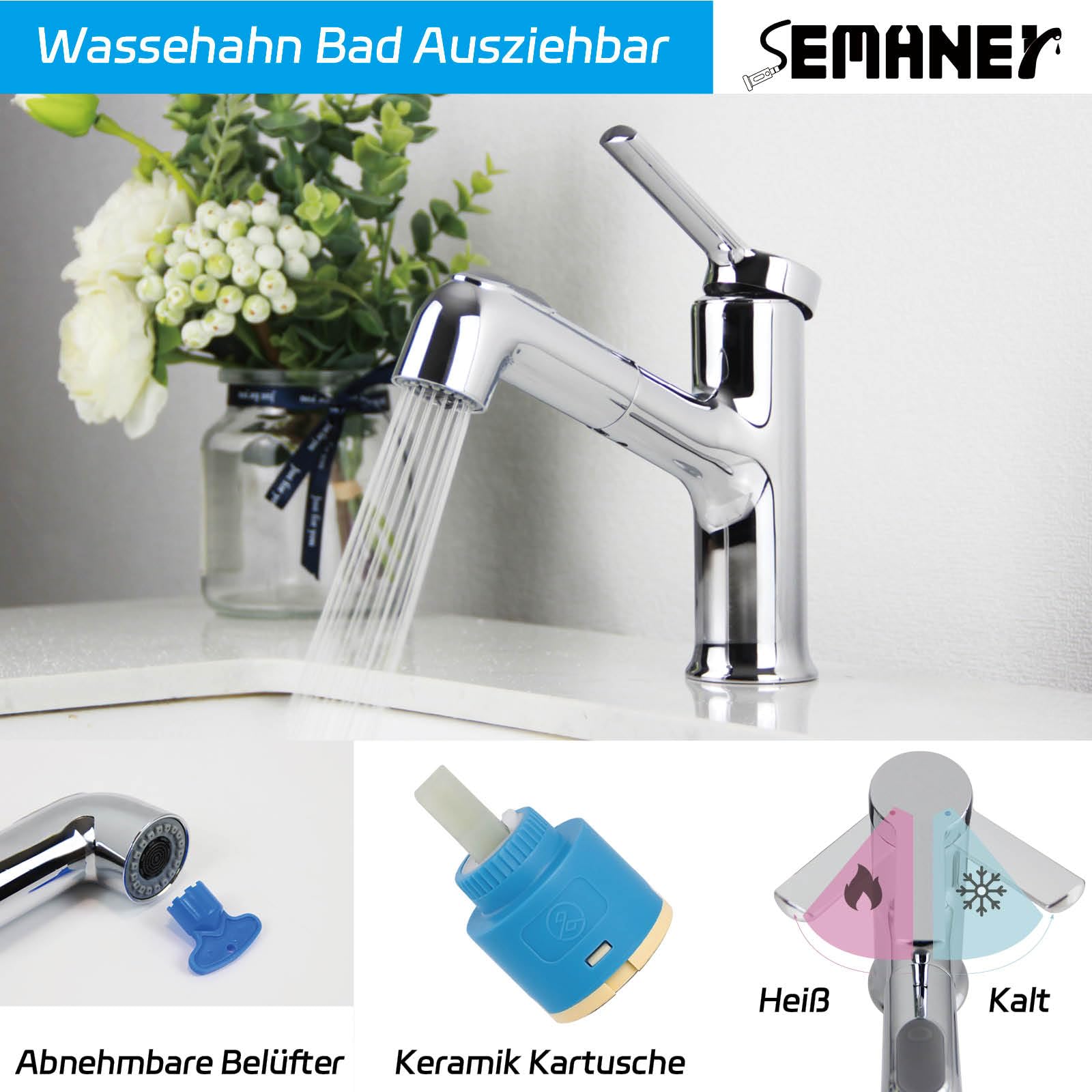 Wasserhahn Bad Ausziehbar, SEMANEY Waschtischarmatur mit Herausziehbarer Brause, Mischbatterie Waschbecken 2 Wasserstrahlarten, Einhebelmischer Waschbecken Armaturen, Chrom