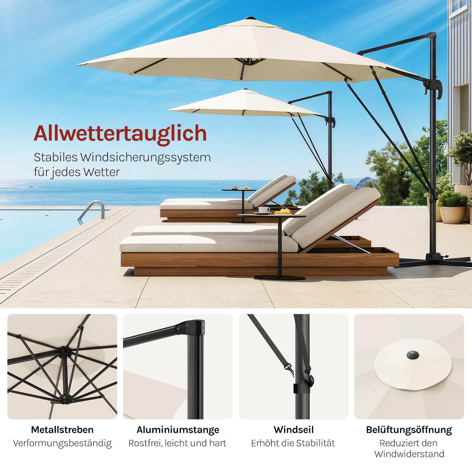 WOLTU Aluminium Sonnenschirm Ampelschirm, 360° drehbar mit 5 Neigungsstufen, Sonnenschutz UPF 50+, Gartensonnenschirm mit Windschutzseilen & Schutzhülle, für Balkon Garten Terrasse