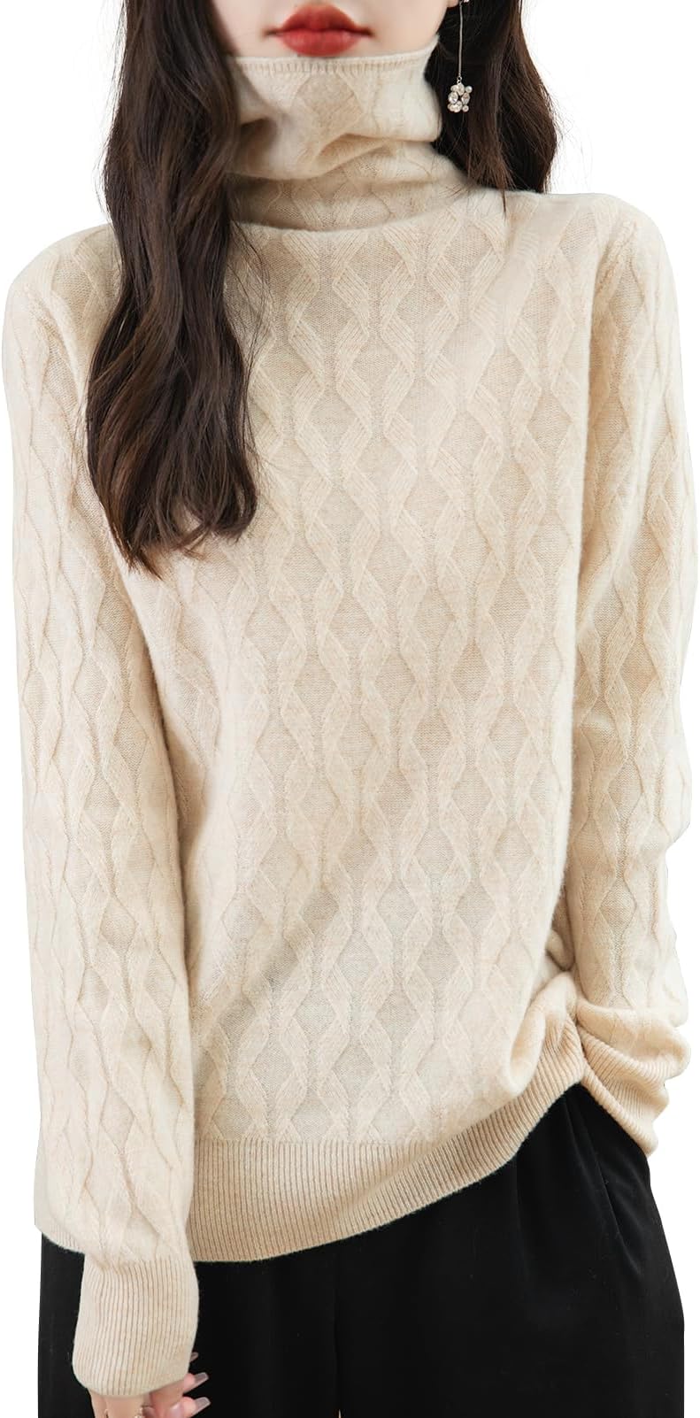 Women's 100% Merino Wool Sweater 2024 Fall Winter Solid Turtleneck Long Sleeve Knitted Pullover Sweater Jumper